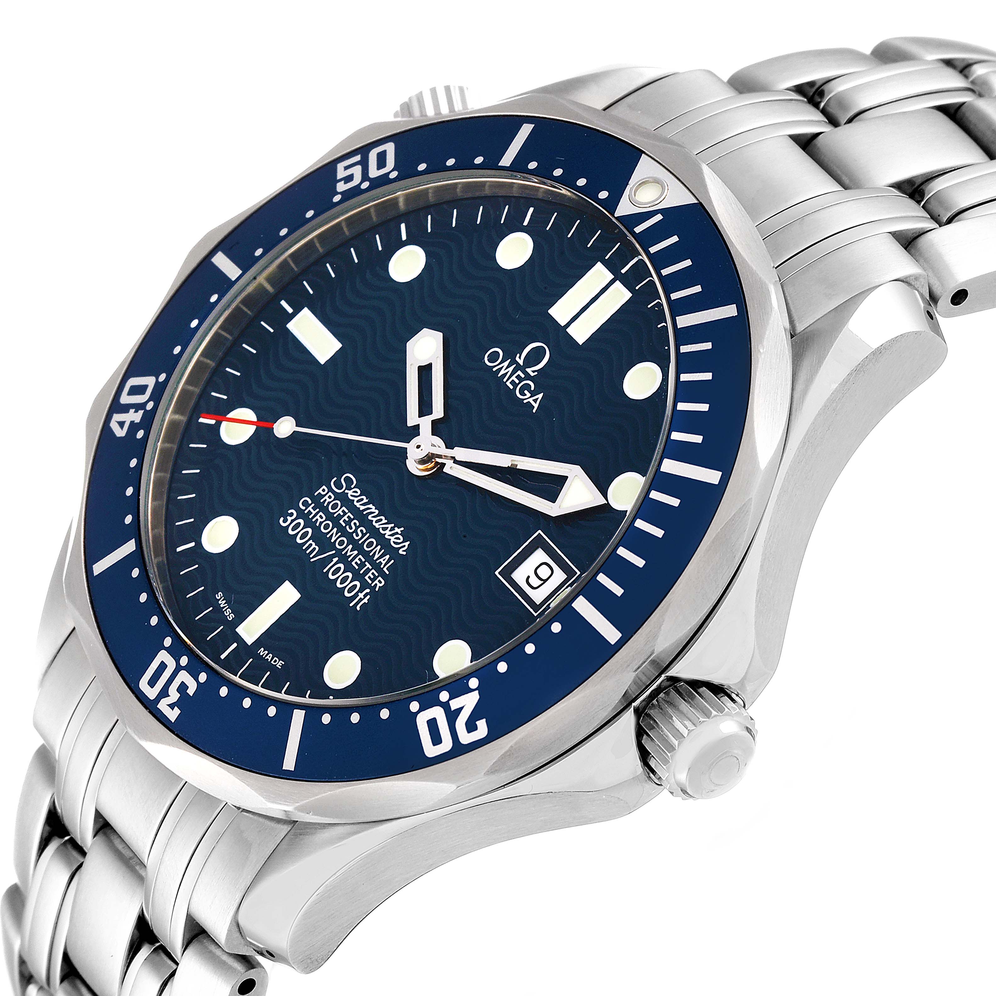 The image shows an Omega Seamaster 2531.80.00 Men's Stainless Steel Blue Dial 2531.80.00 Men's Stainless Steel Blue Dial watch at an oblique angle, highlighting its blue dial, bezel, crown, and metal bracelet.