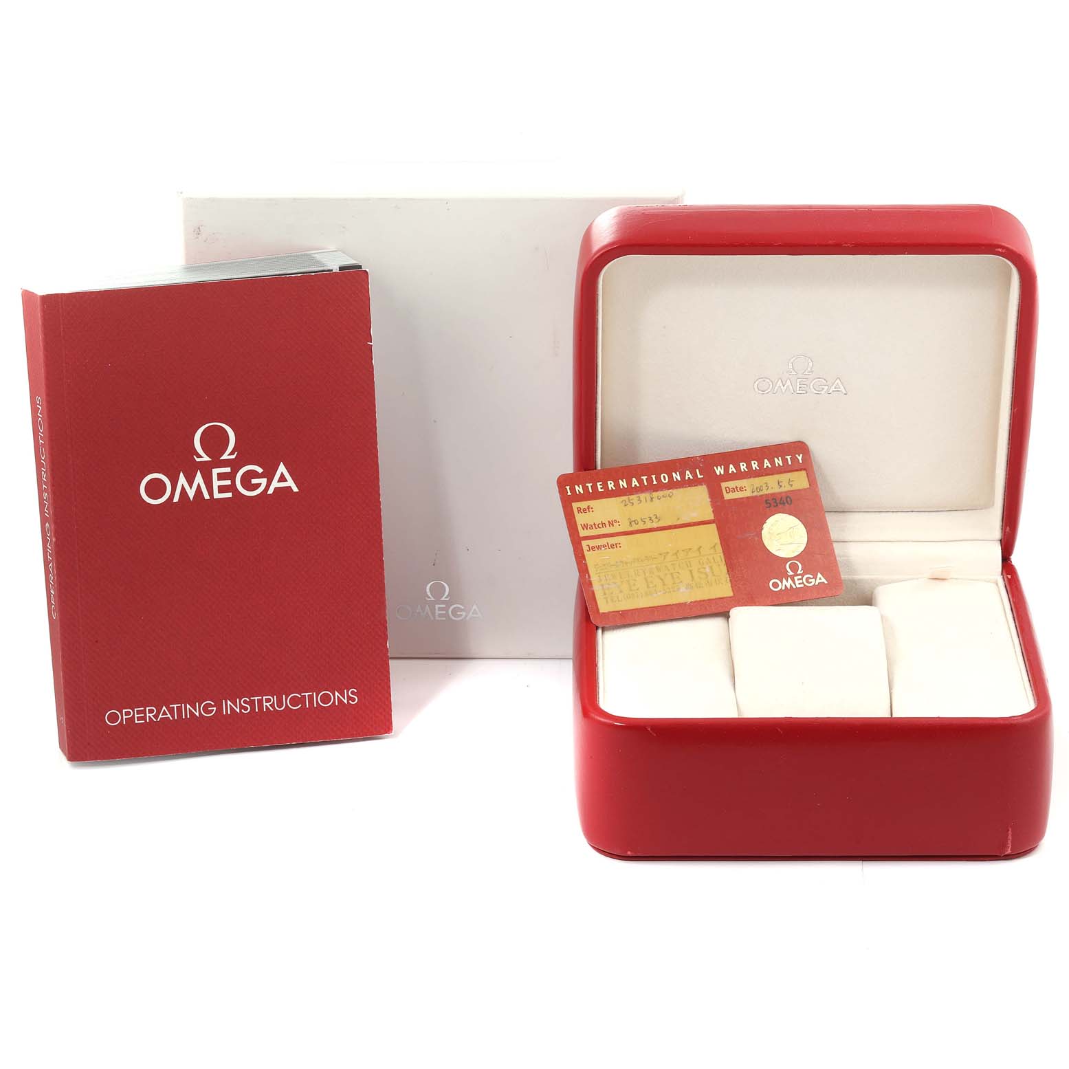 The image shows the Omega Seamaster 2531.80.00 Men's Stainless Steel Blue Dial 2531.80.00 Men's Stainless Steel Blue Dial watch box, international warranty card, and operating instructions.