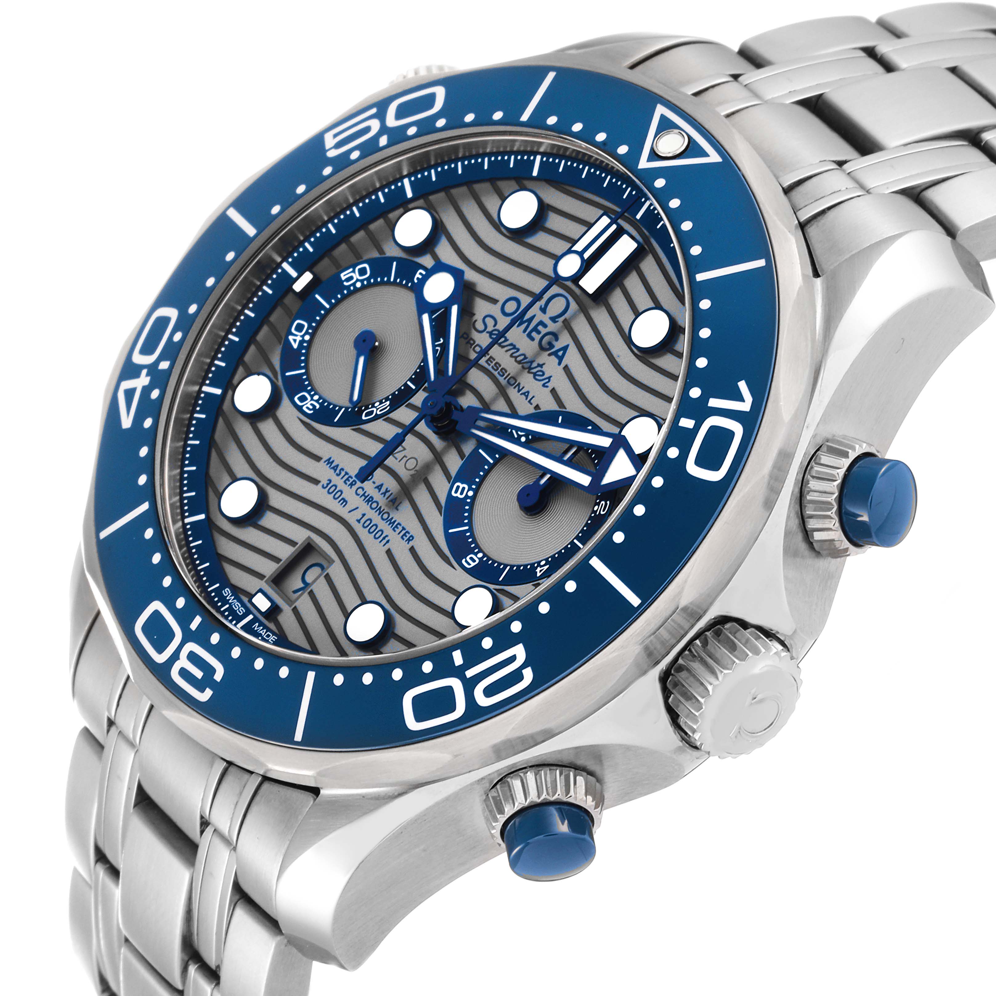 This image shows a close-up, side angle of the Omega Seamaster 210.30.44.51.06.001 Men's Stainless Steel Grey Dial 210.30.44.51.06.001 Men's Stainless Steel Grey Dial watch, highlighting the bezel, dial, and crown.