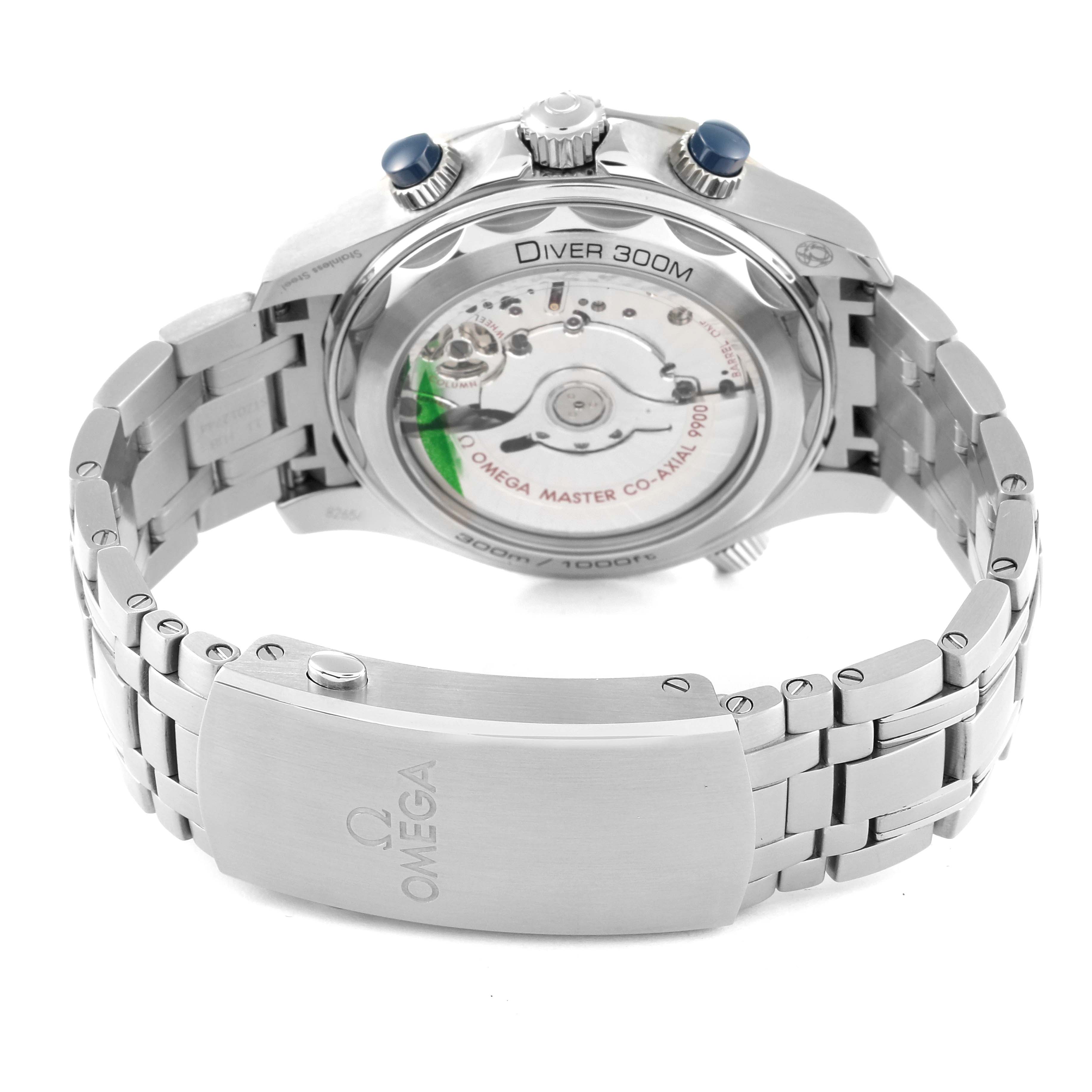 The image shows the back view of an Omega Seamaster 210.30.44.51.06.001 Men's Stainless Steel Grey Dial 210.30.44.51.06.001 Men's Stainless Steel Grey Dial watch, highlighting its case back, bracelet, and clasp.