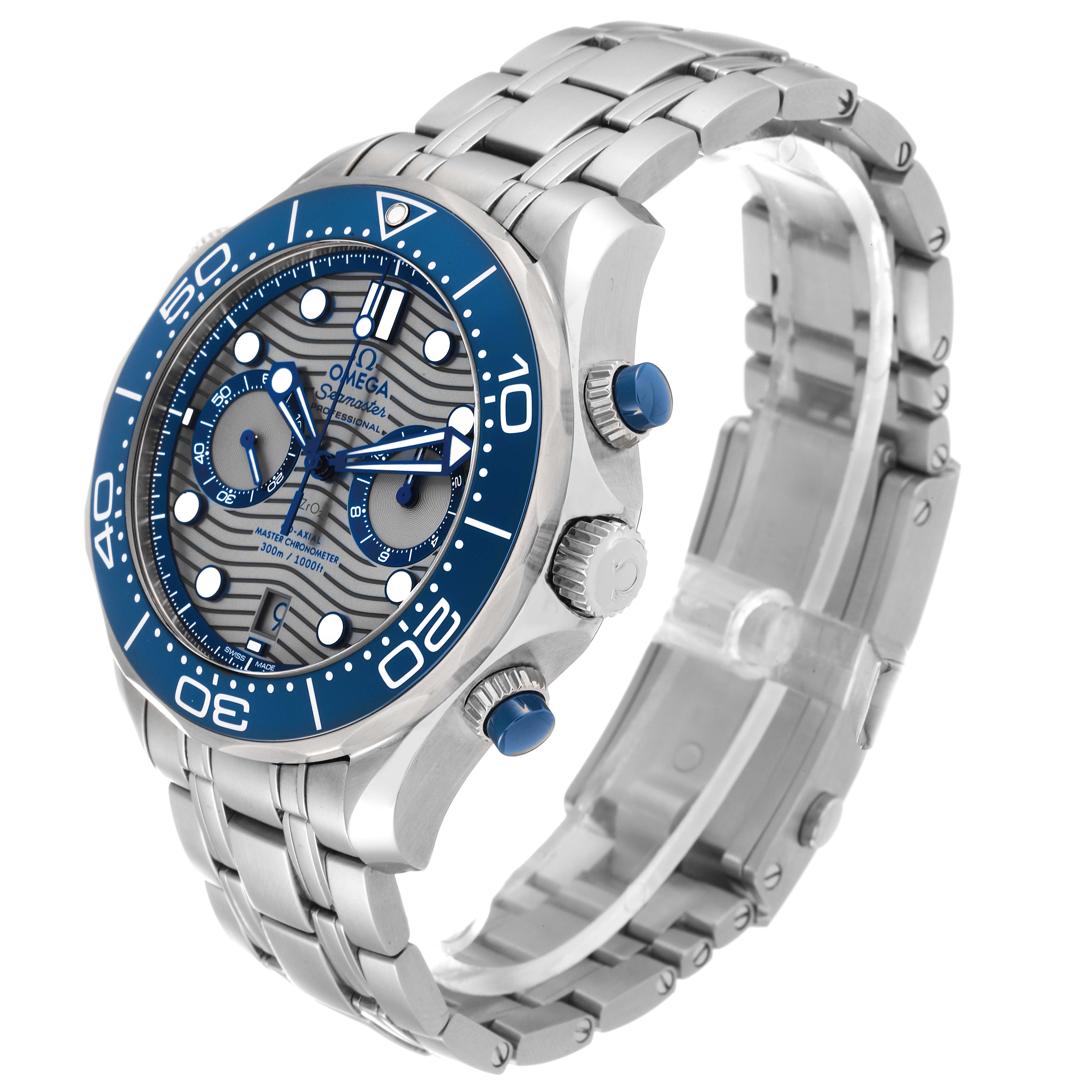 The image shows an Omega Seamaster 210.30.44.51.06.001 Men's Stainless Steel Grey Dial 210.30.44.51.06.001 Men's Stainless Steel Grey Dial watch from a 3/4 angle, highlighting the face, bezel, crown, and bracelet.