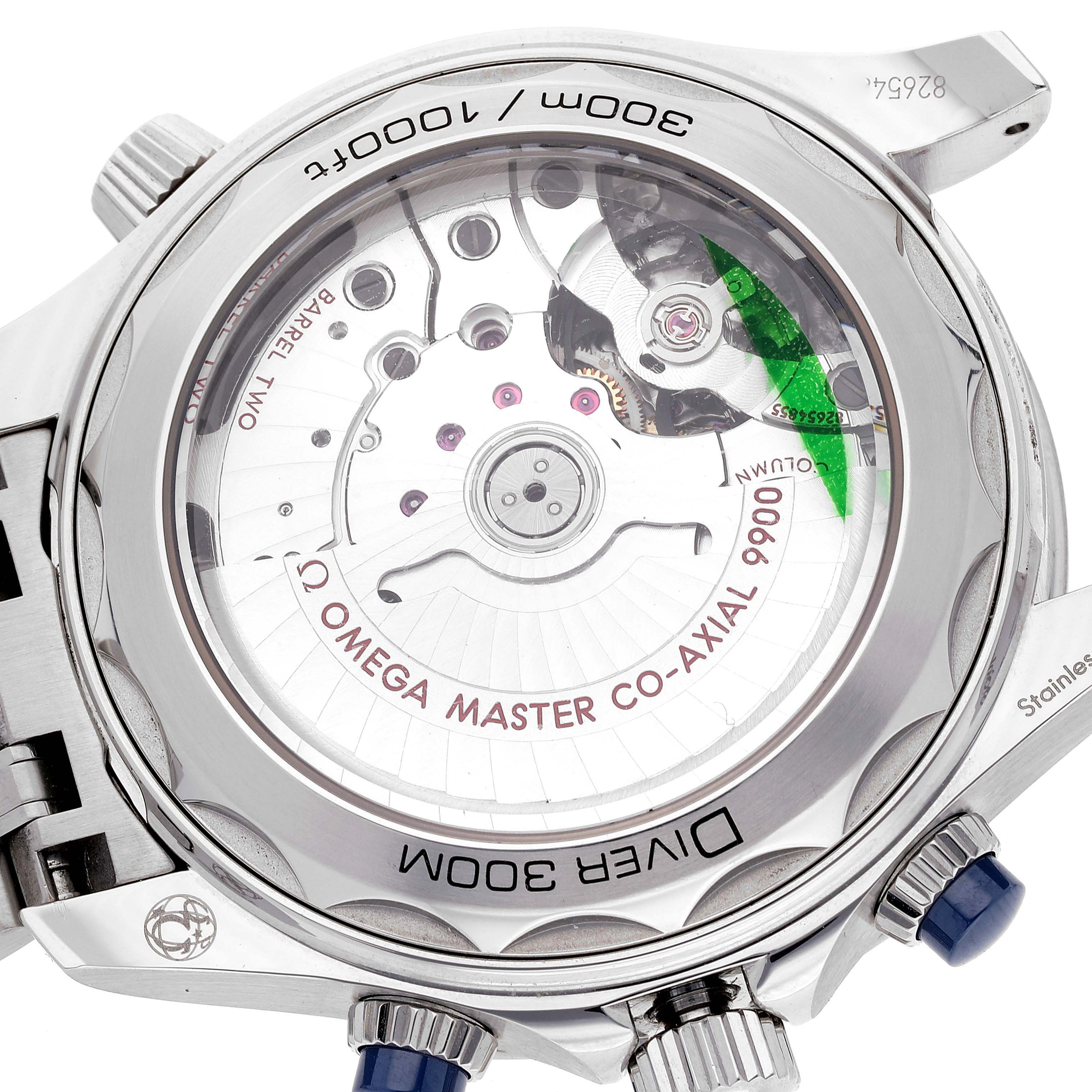 The image shows the back of the Omega Seamaster 210.30.44.51.06.001 Men's Stainless Steel Grey Dial 210.30.44.51.06.001 Men's Stainless Steel Grey Dial watch, highlighting its exposed movement and intricate internal workings.