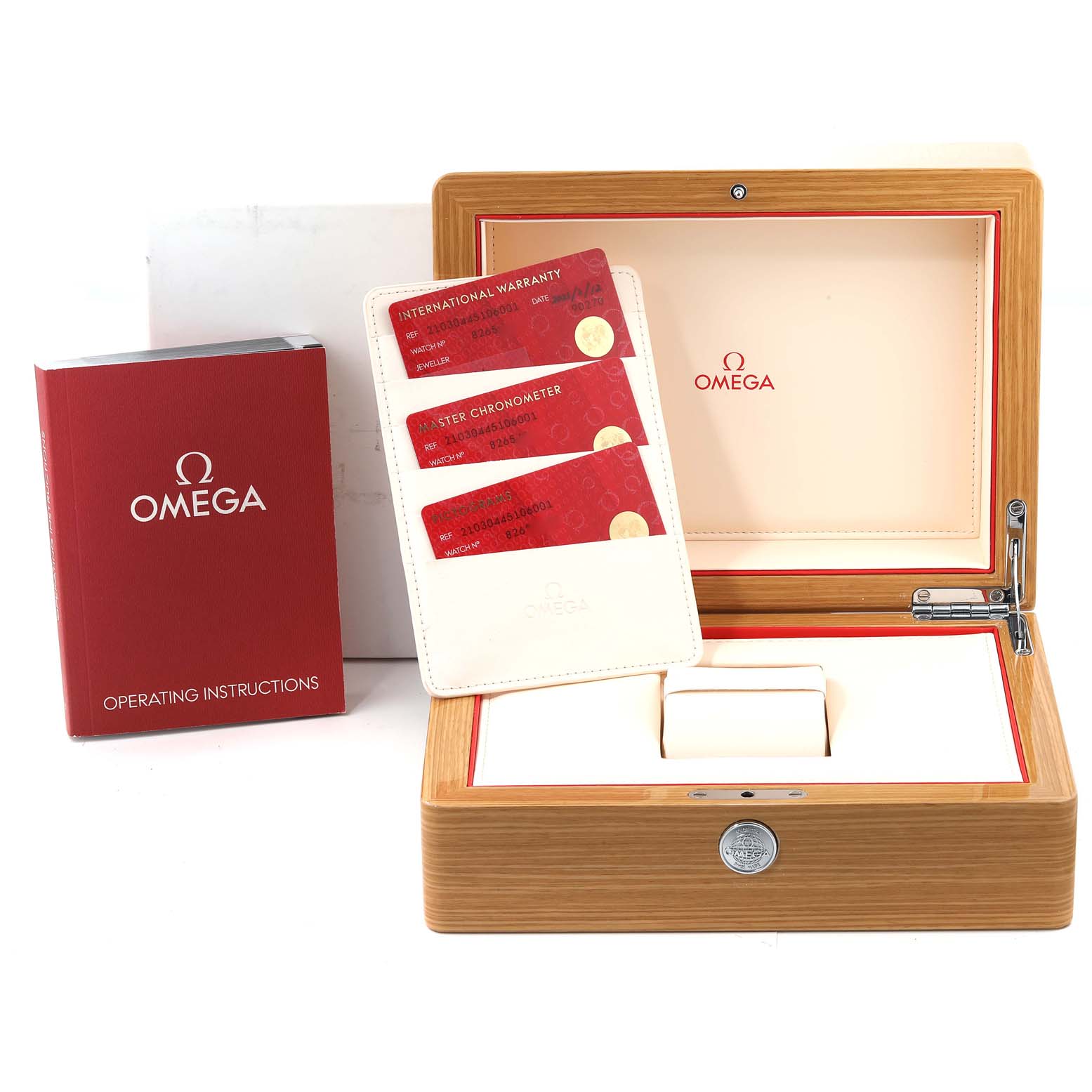 The image shows the wooden Omega Seamaster 210.30.44.51.06.001 Men's Stainless Steel Grey Dial 210.30.44.51.06.001 Men's Stainless Steel Grey Dial watch box, operating instructions, and warranty cards.