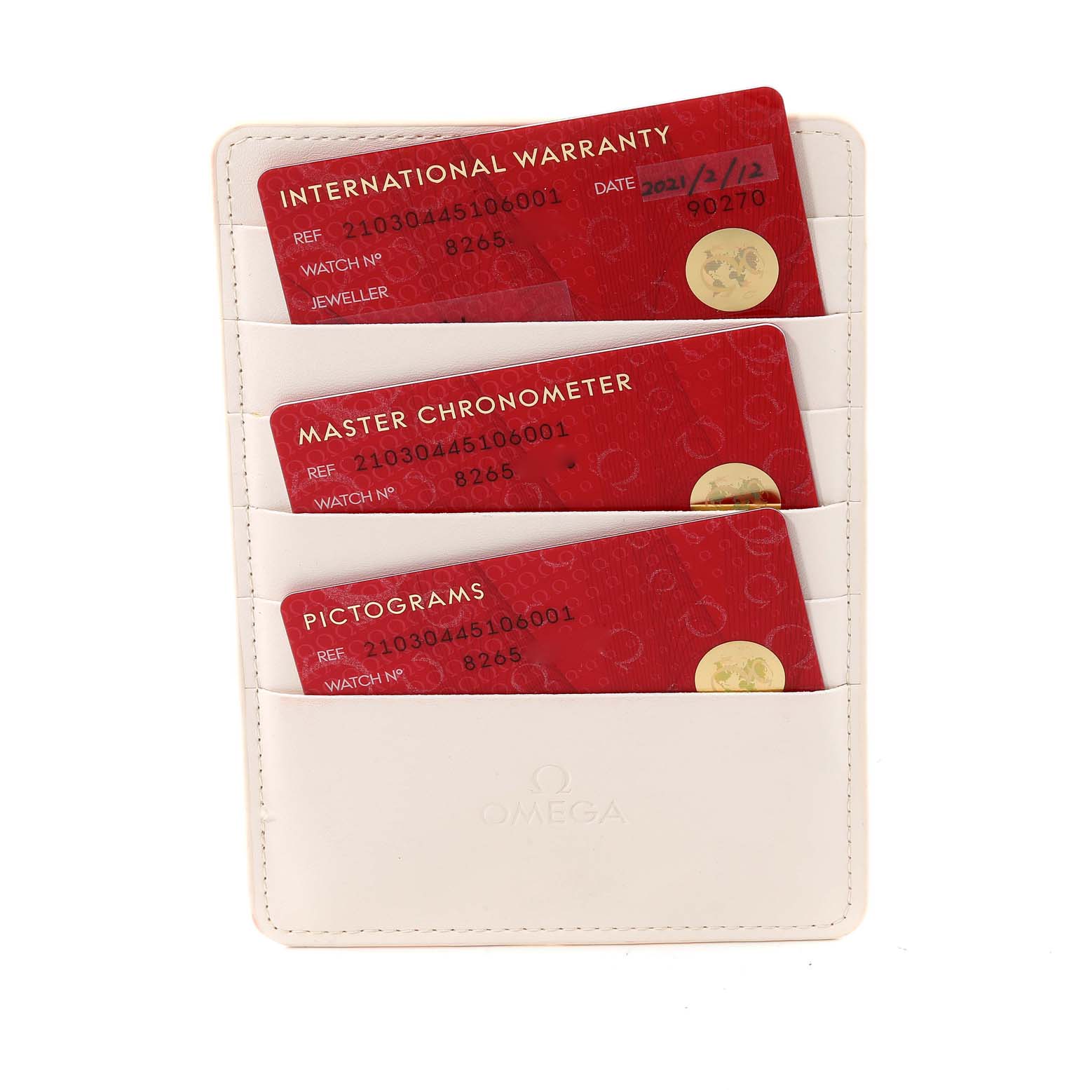 The image shows warranty and certification cards for the Omega Seamaster 210.30.44.51.06.001 Men's Stainless Steel Grey Dial 210.30.44.51.06.001 Men's Stainless Steel Grey Dial, organized in a white cardholder.