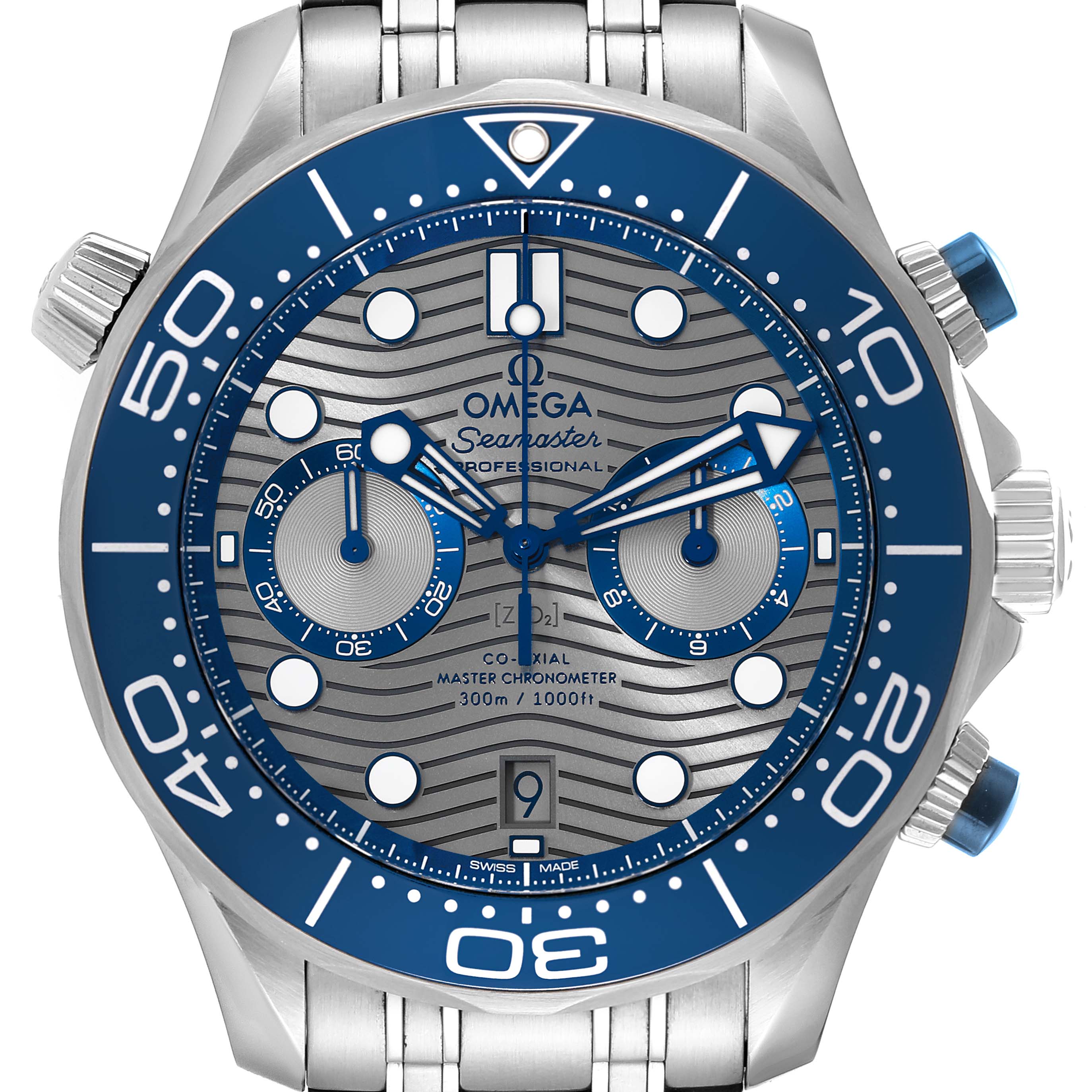 The image shows a frontal view of the Omega Seamaster 210.30.44.51.06.001 Men's Stainless Steel Grey Dial 210.30.44.51.06.001 Men's Stainless Steel Grey Dial watch, highlighting its blue bezel, dial, and chronograph subdials.
