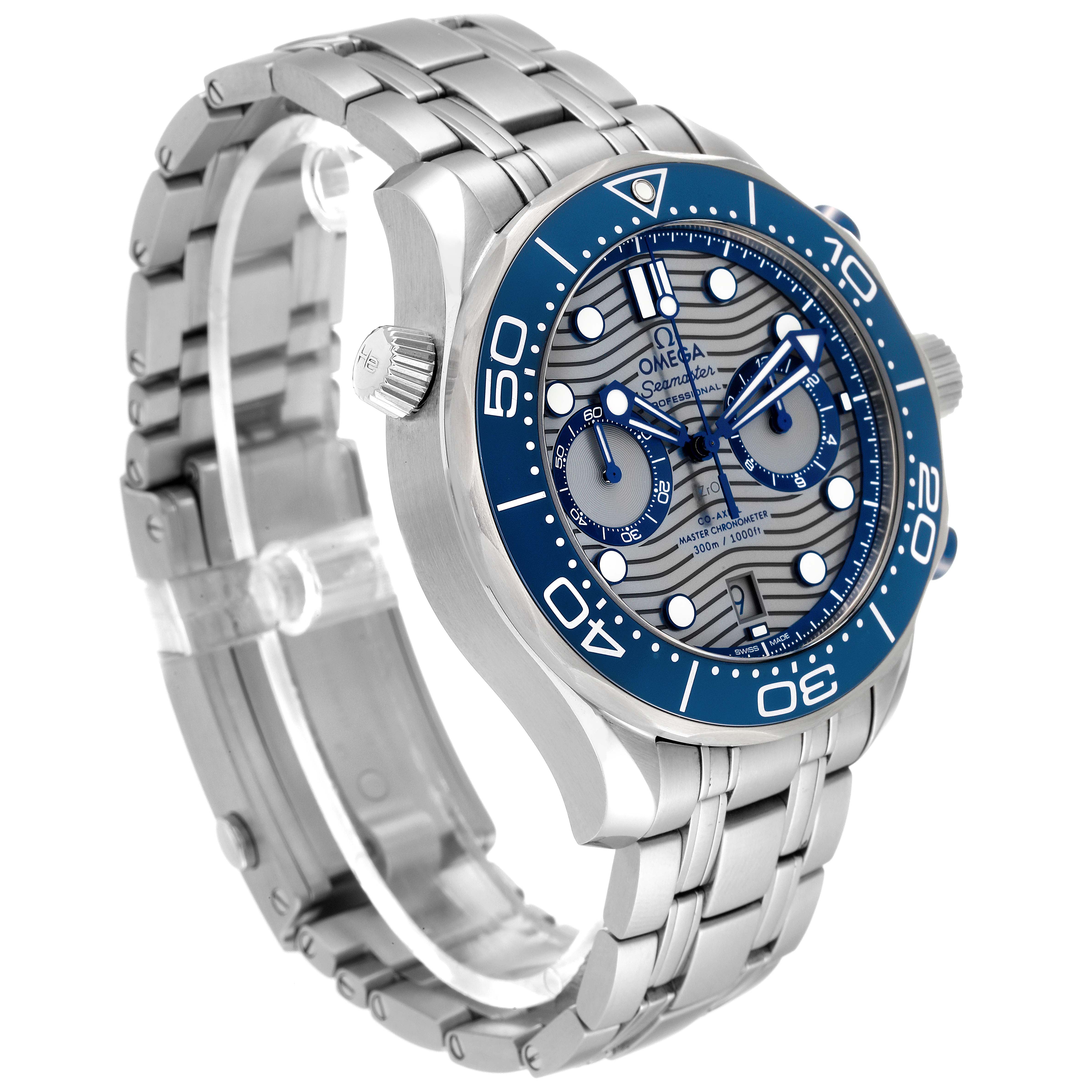 The image shows an Omega Seamaster 210.30.44.51.06.001 Men's Stainless Steel Grey Dial 210.30.44.51.06.001 Men's Stainless Steel Grey Dial watch from an angled side view, highlighting the watch face, bezel, crown, and metal bracelet.