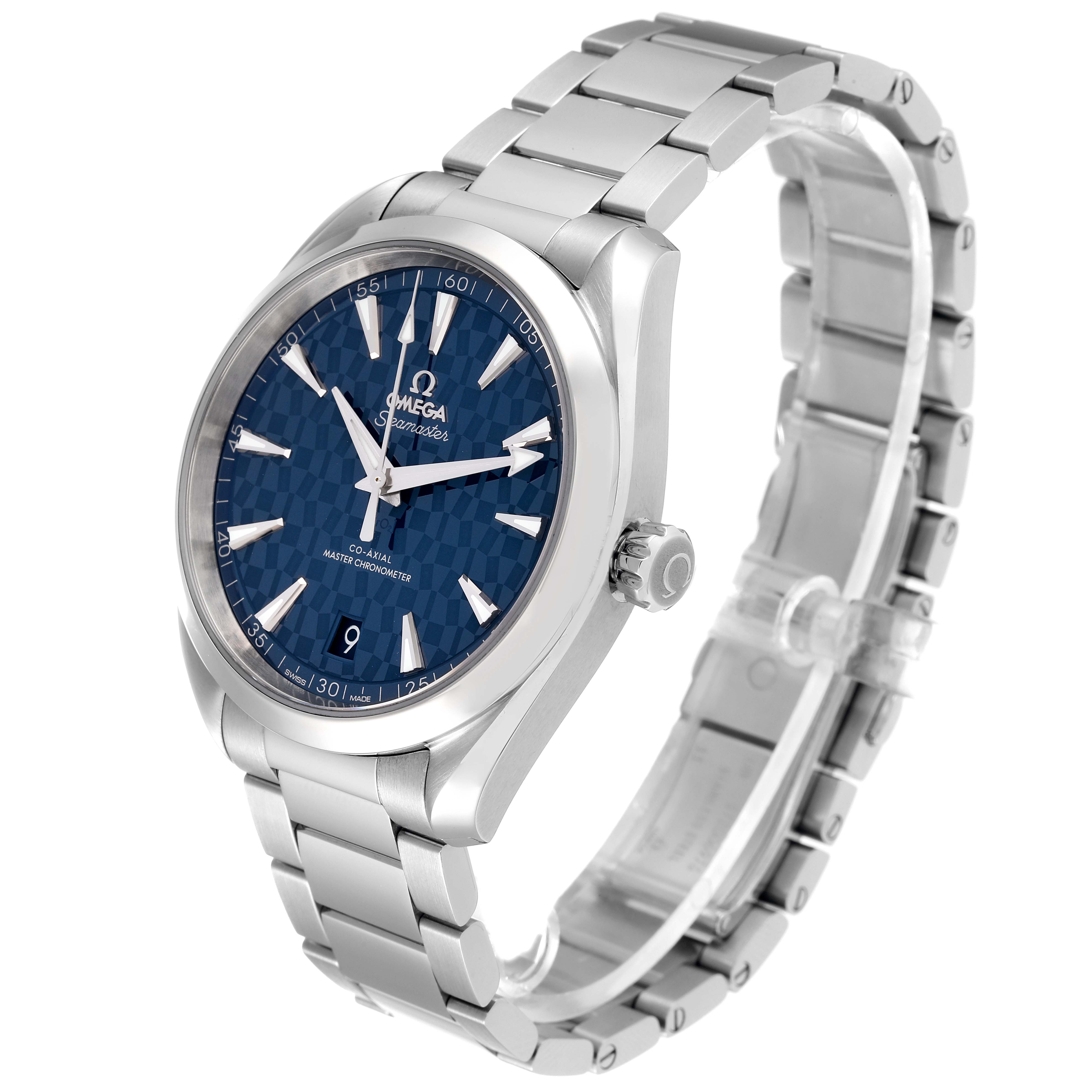 This image shows an Omega Aqua Terra 522.12.41.21.03.001 Men's Stainless Steel Blue Dial 522.12.41.21.03.001 Men's Stainless Steel Blue Dial watch at a three-quarter angle, highlighting its blue dial, stainless steel case, and bracelet.