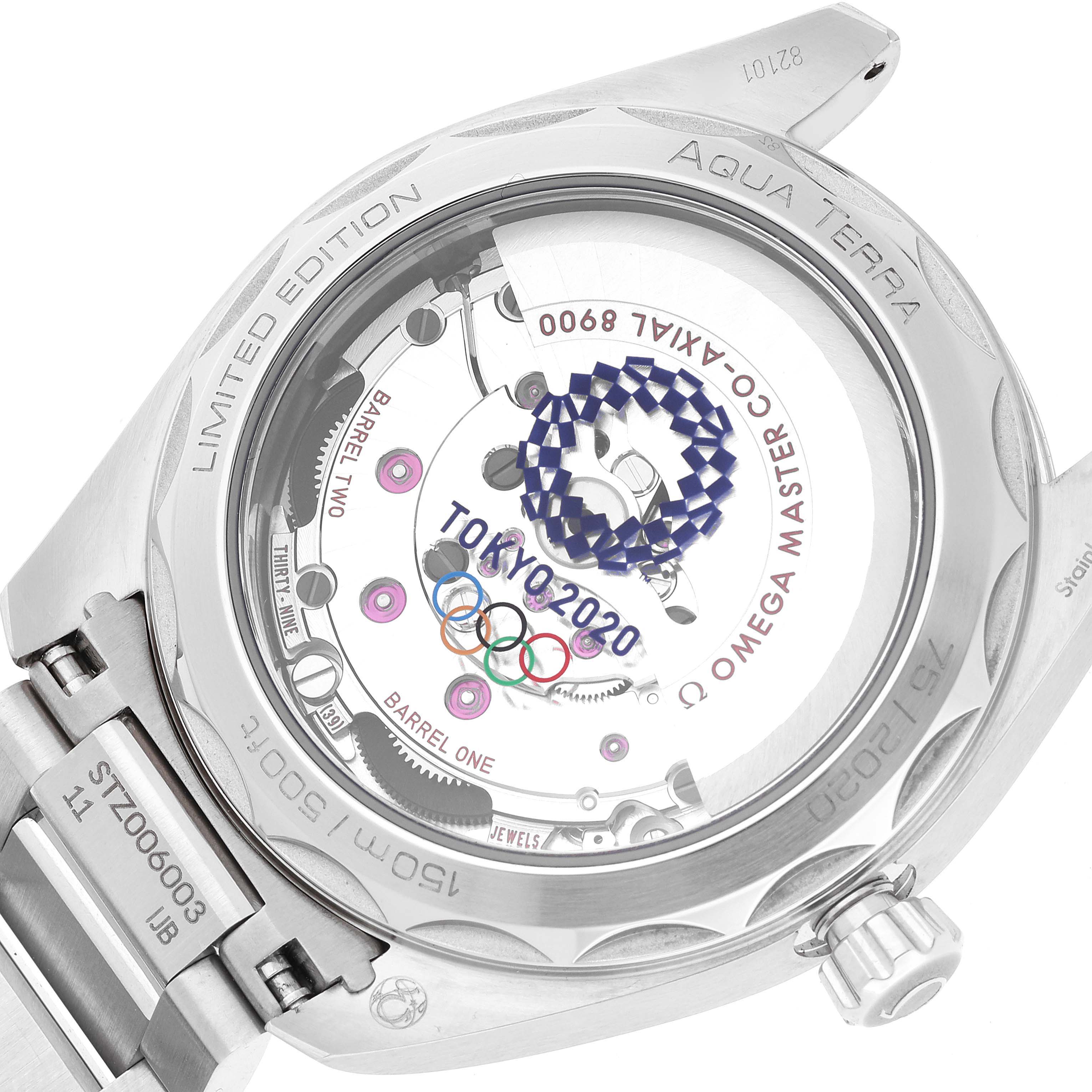 The image shows the back case of an Omega Aqua Terra 522.12.41.21.03.001 Men's Stainless Steel Blue Dial 522.12.41.21.03.001 Men's Stainless Steel Blue Dial watch, highlighting its internal mechanics and engravings.