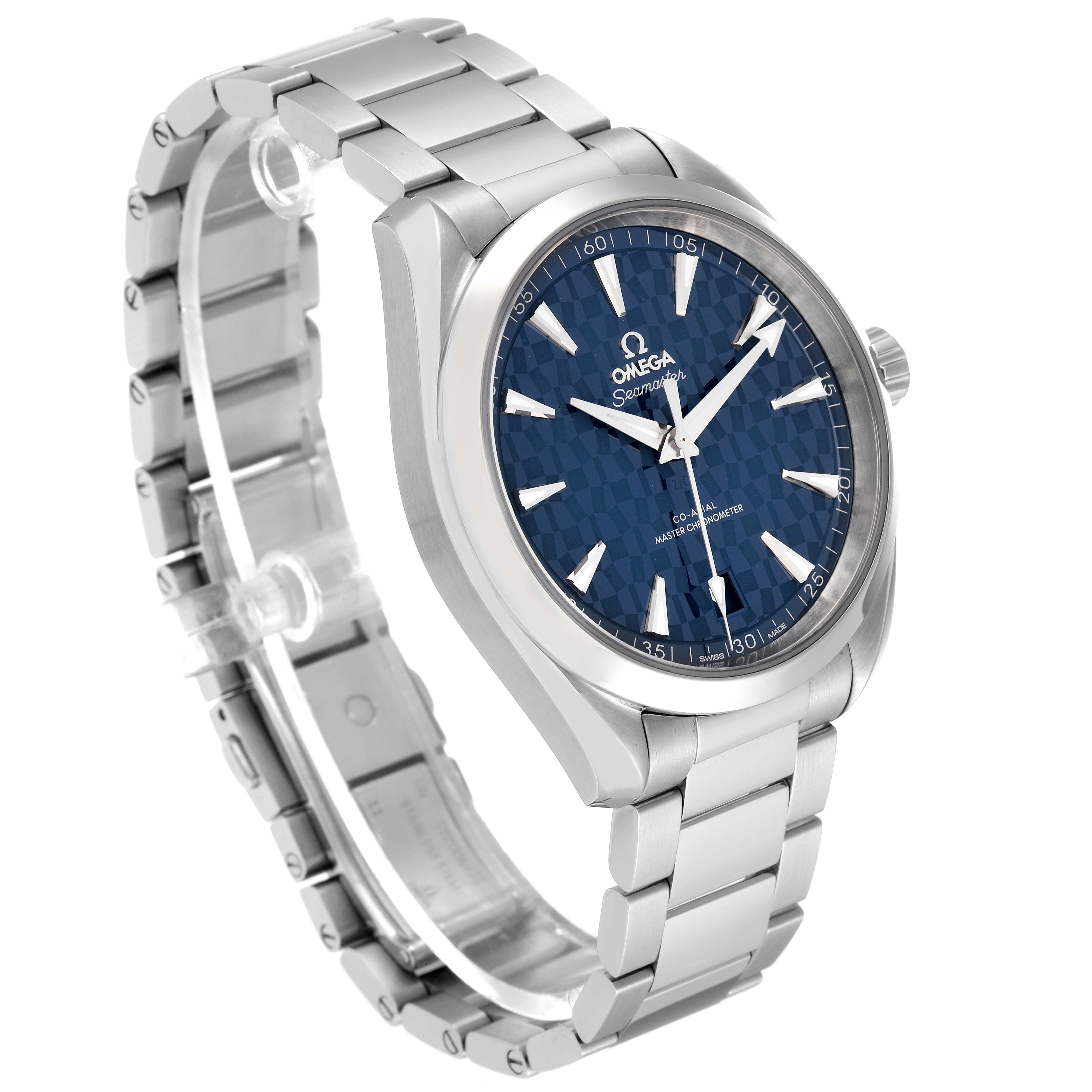 The image shows an angled view of the Omega Aqua Terra 522.12.41.21.03.001 Men's Stainless Steel Blue Dial 522.12.41.21.03.001 Men's Stainless Steel Blue Dial watch highlighting its blue dial, stainless steel case, and bracelet.