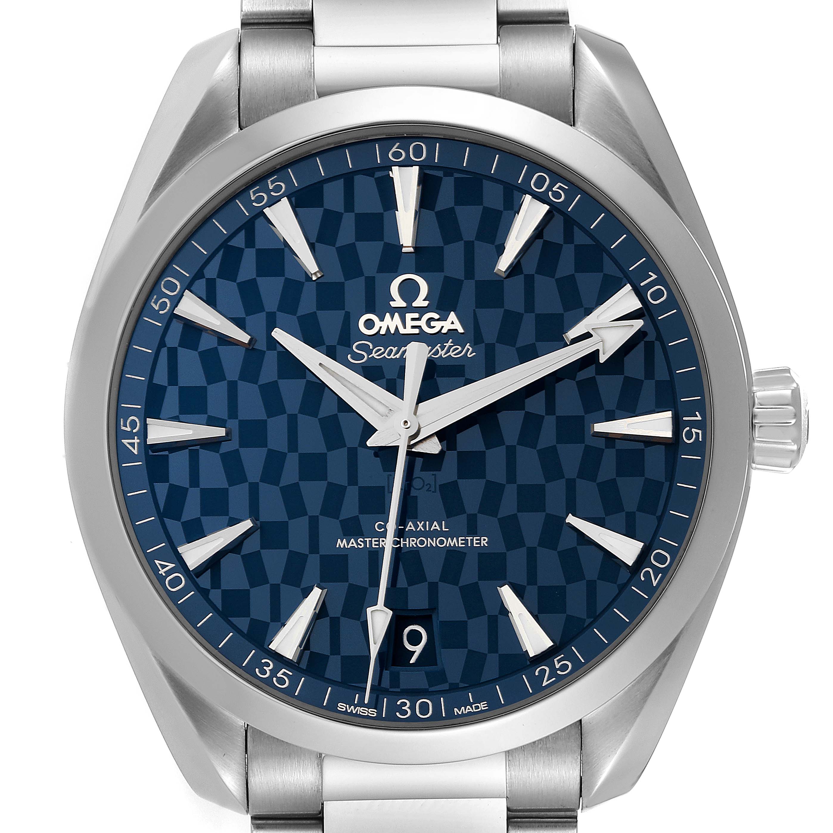This image shows a front view of the Omega Aqua Terra 522.12.41.21.03.001 Men's Stainless Steel Blue Dial 522.12.41.21.03.001 Men's Stainless Steel Blue Dial watch, highlighting the dial, hands, date window, and part of the bracelet.