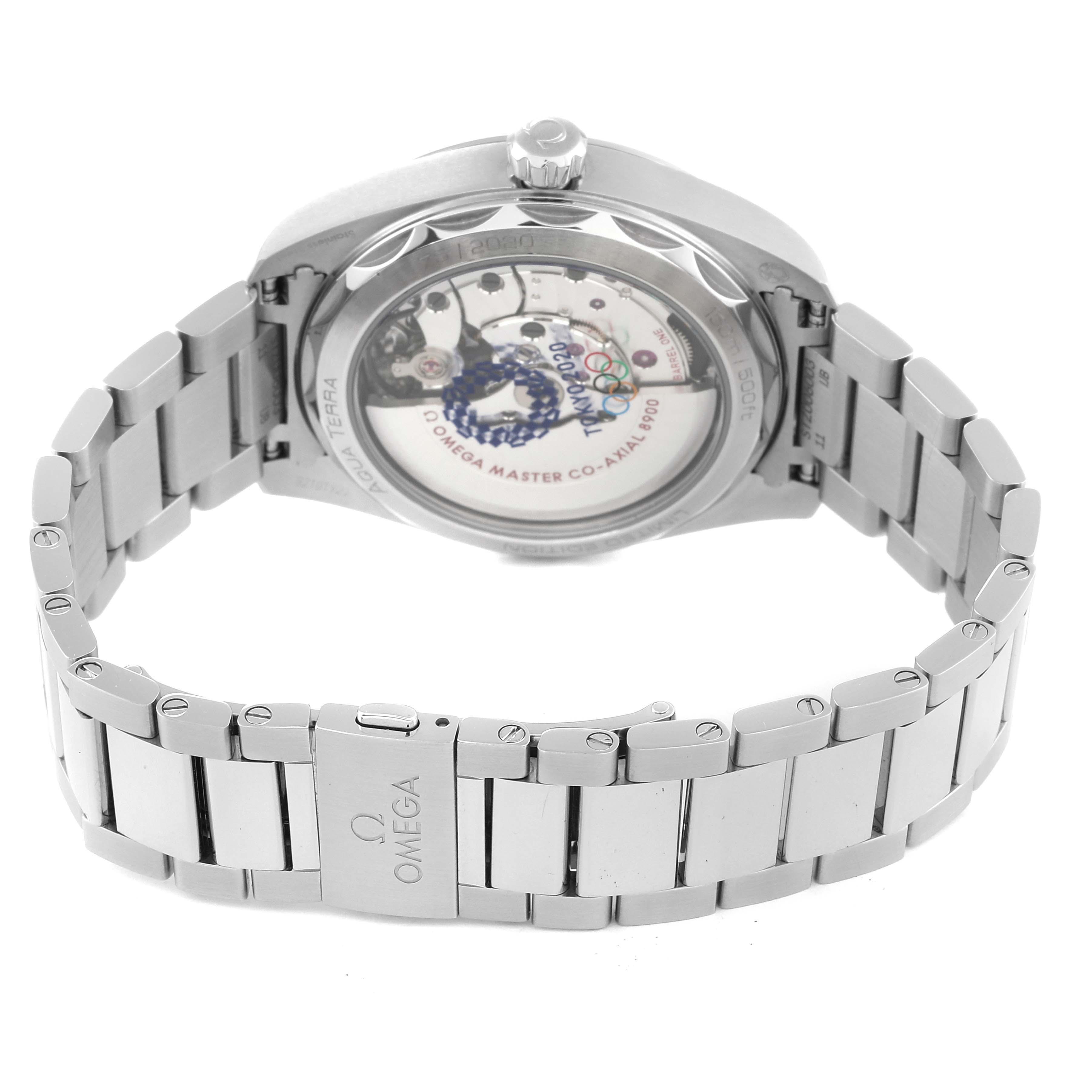 The image shows the back view of an Omega Aqua Terra 522.12.41.21.03.001 Men's Stainless Steel Blue Dial 522.12.41.21.03.001 Men's Stainless Steel Blue Dial watch, highlighting its bracelet and case back.