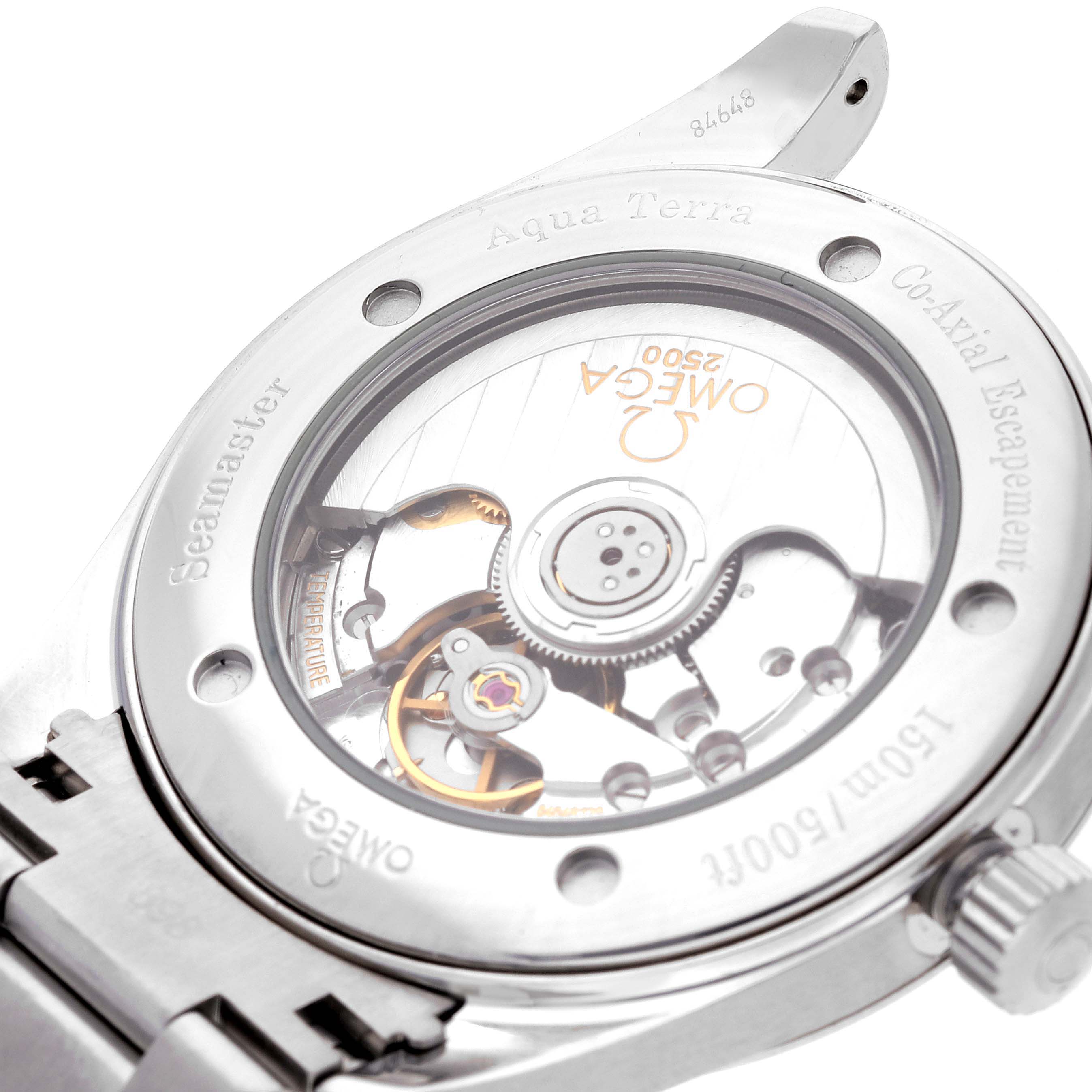 The image shows the back of an Omega Seamaster Aqua Terra watch showcasing its Co-Axial Escapement movement.