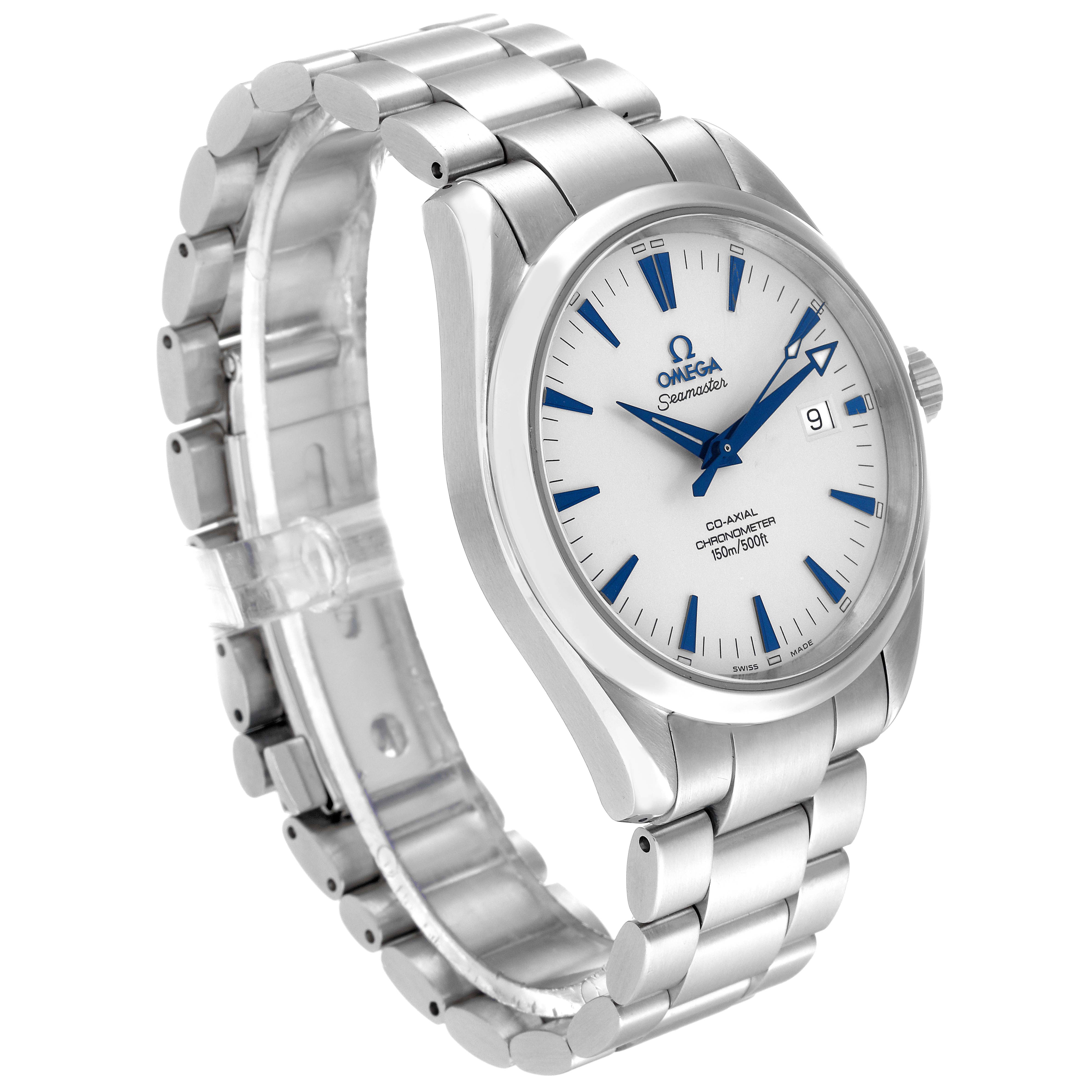 This Omega Aqua Terra 2503.33.00 Men's Stainless Steel Silver Dial 2503.33.00 Men's Stainless Steel Silver Dial watch is shown at a three-quarter angle, displaying the face, bezel, crown, and metal bracelet.