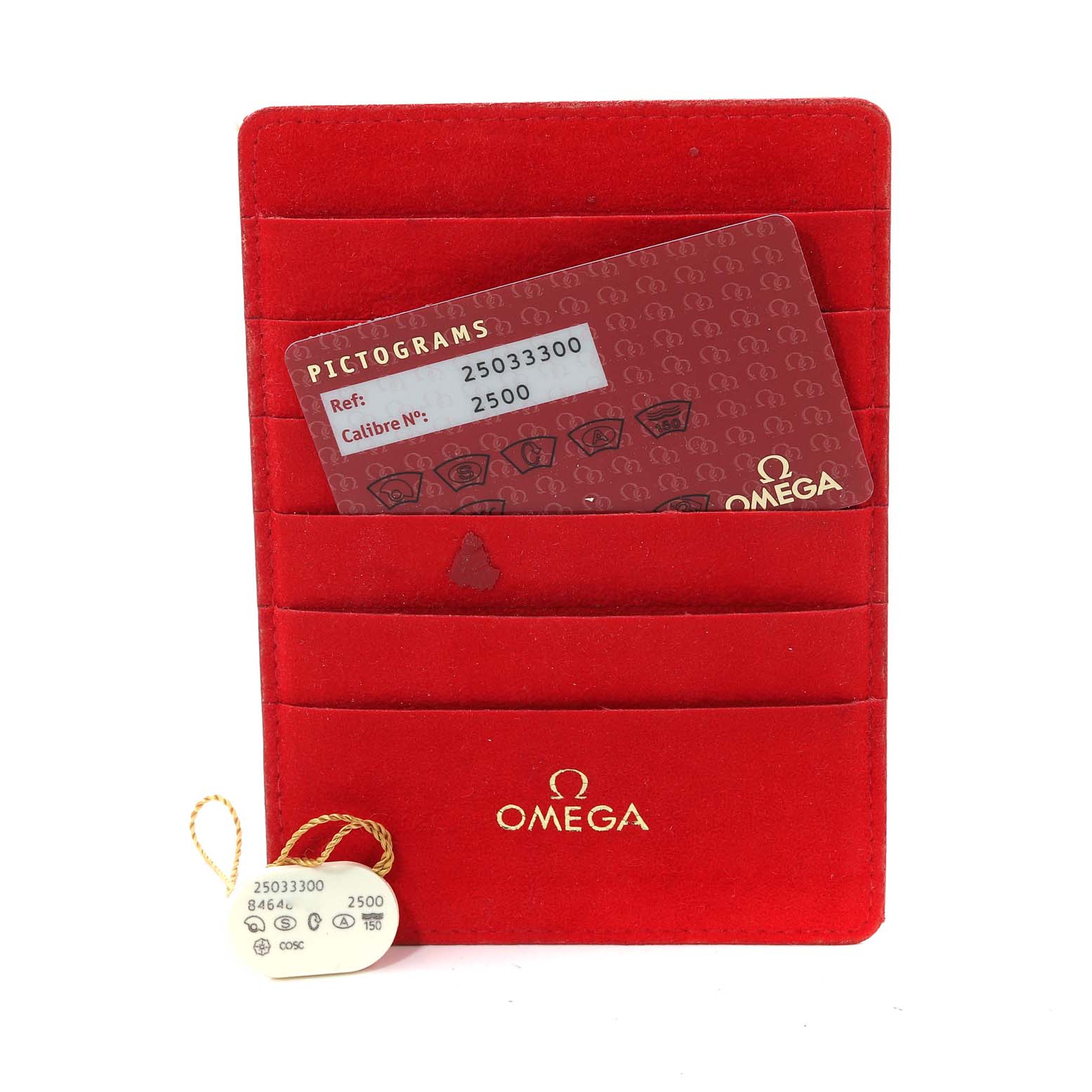 The image shows the warranty card and tag for the Omega Aqua Terra 2503.33.00 Men's Stainless Steel Silver Dial 2503.33.00 Men's Stainless Steel Silver Dial watch model, displayed in a red Omega-branded holder.