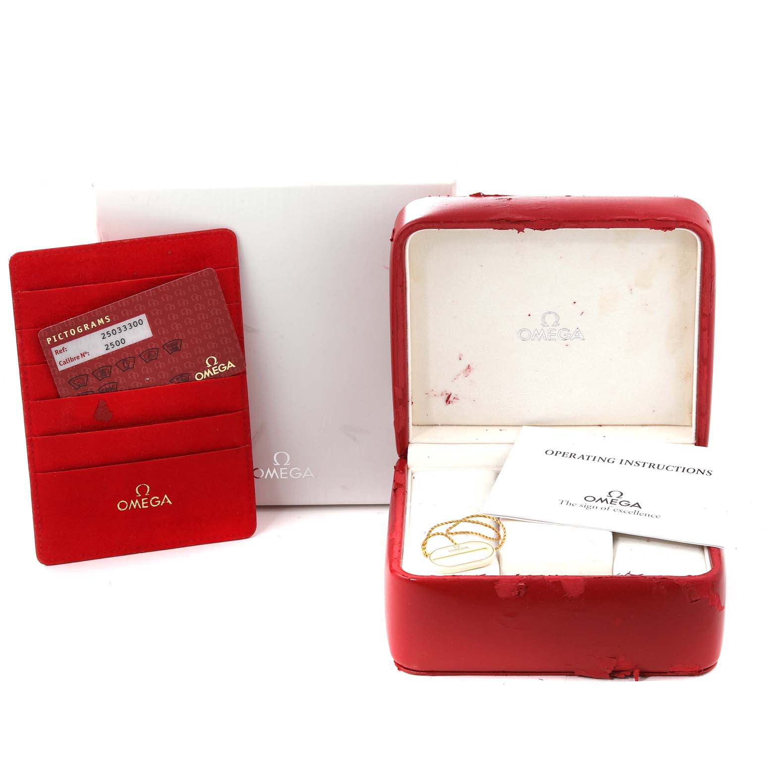 The image shows the box, operating instructions, and warranty card holder for an Omega Aqua Terra 2503.33.00 Men's Stainless Steel Silver Dial 2503.33.00 Men's Stainless Steel Silver Dial watch.