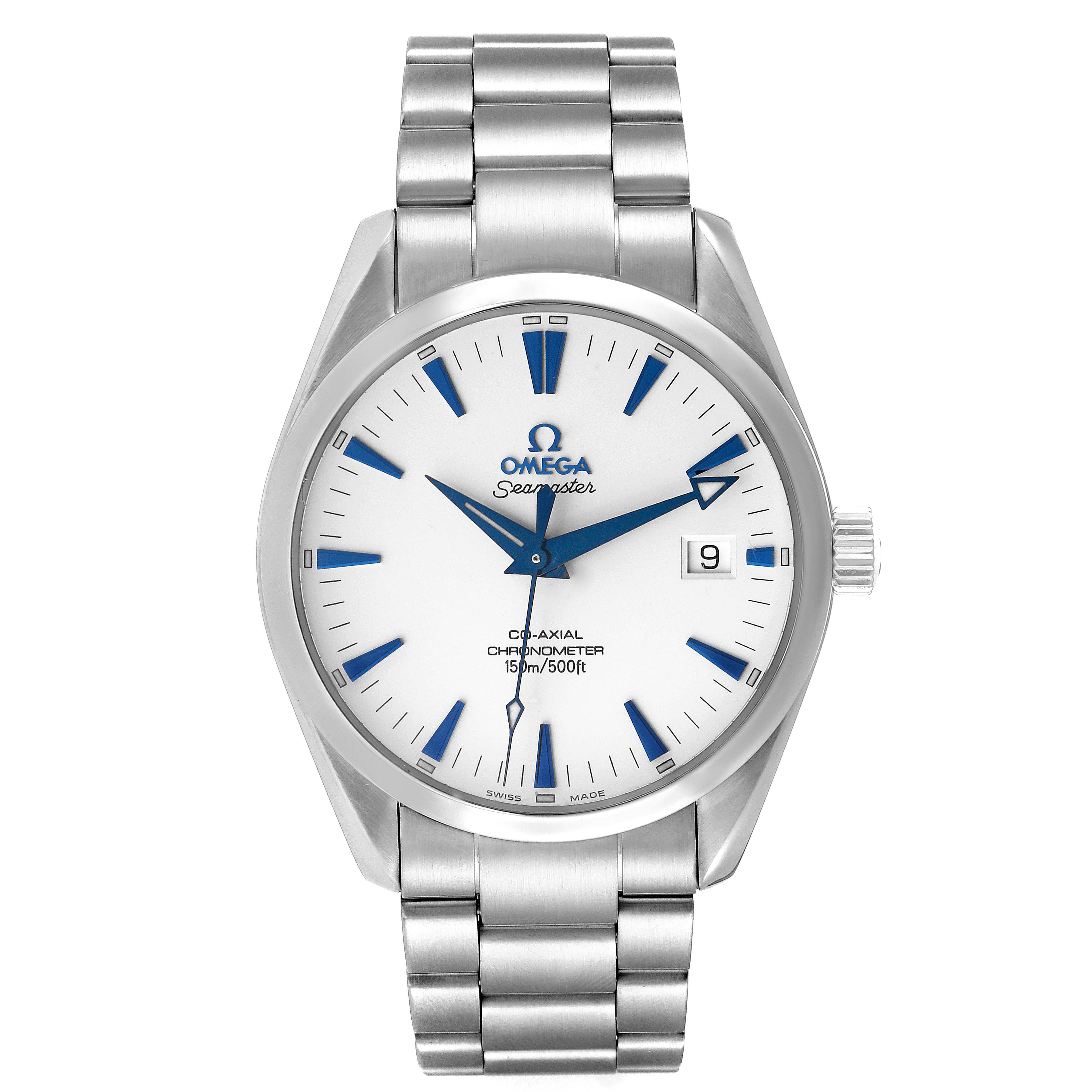 The image shows a front view of the Omega Aqua Terra 2503.33.00 Men's Stainless Steel Silver Dial 2503.33.00 Men's Stainless Steel Silver Dial watch, displaying its face, hands, crown, and metal bracelet.