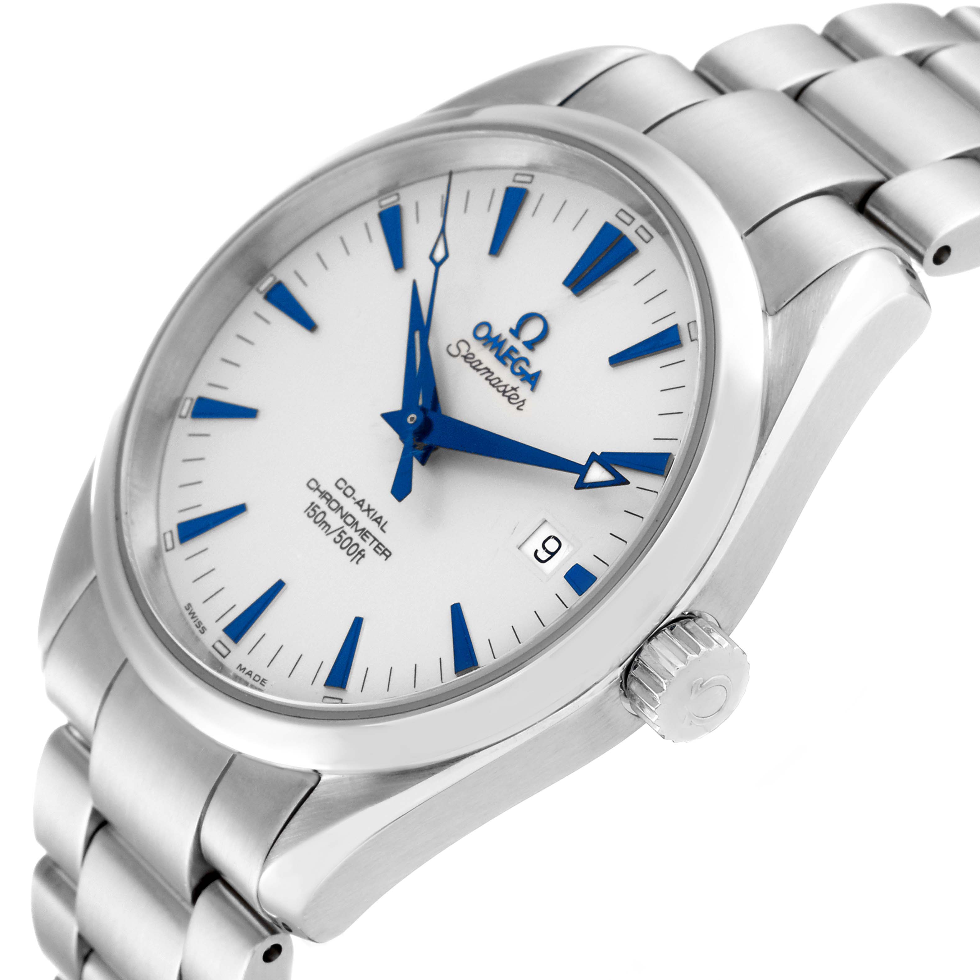 The image shows an angled view of the Omega Aqua Terra 2503.33.00 Men's Stainless Steel Silver Dial 2503.33.00 Men's Stainless Steel Silver Dial watch, displaying the dial, crown, and bracelet partially.