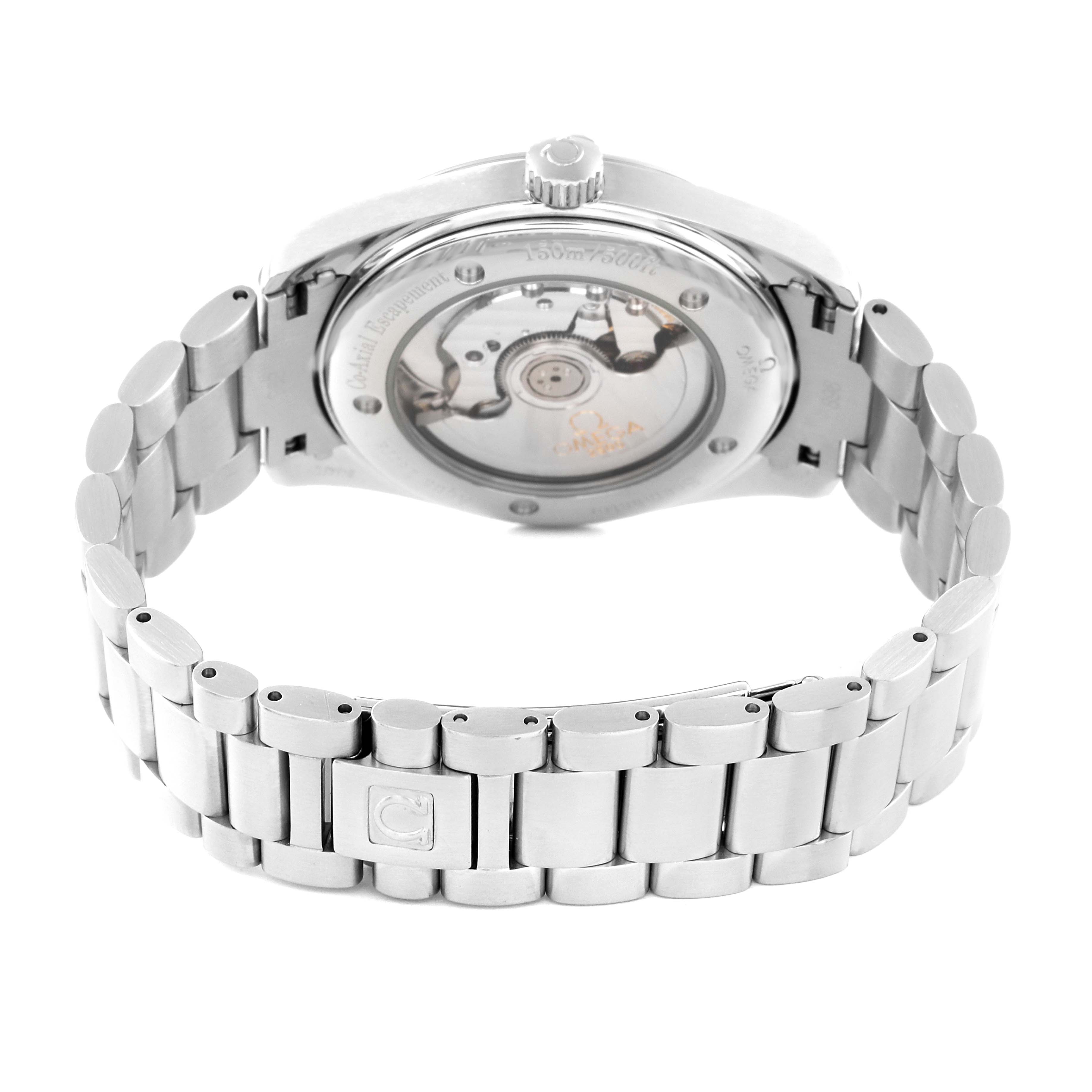 The image shows the back and bracelet of an Omega Aqua Terra 2503.33.00 Men's Stainless Steel Silver Dial 2503.33.00 Men's Stainless Steel Silver Dial watch, highlighting its transparent case back and stainless steel link bracelet.