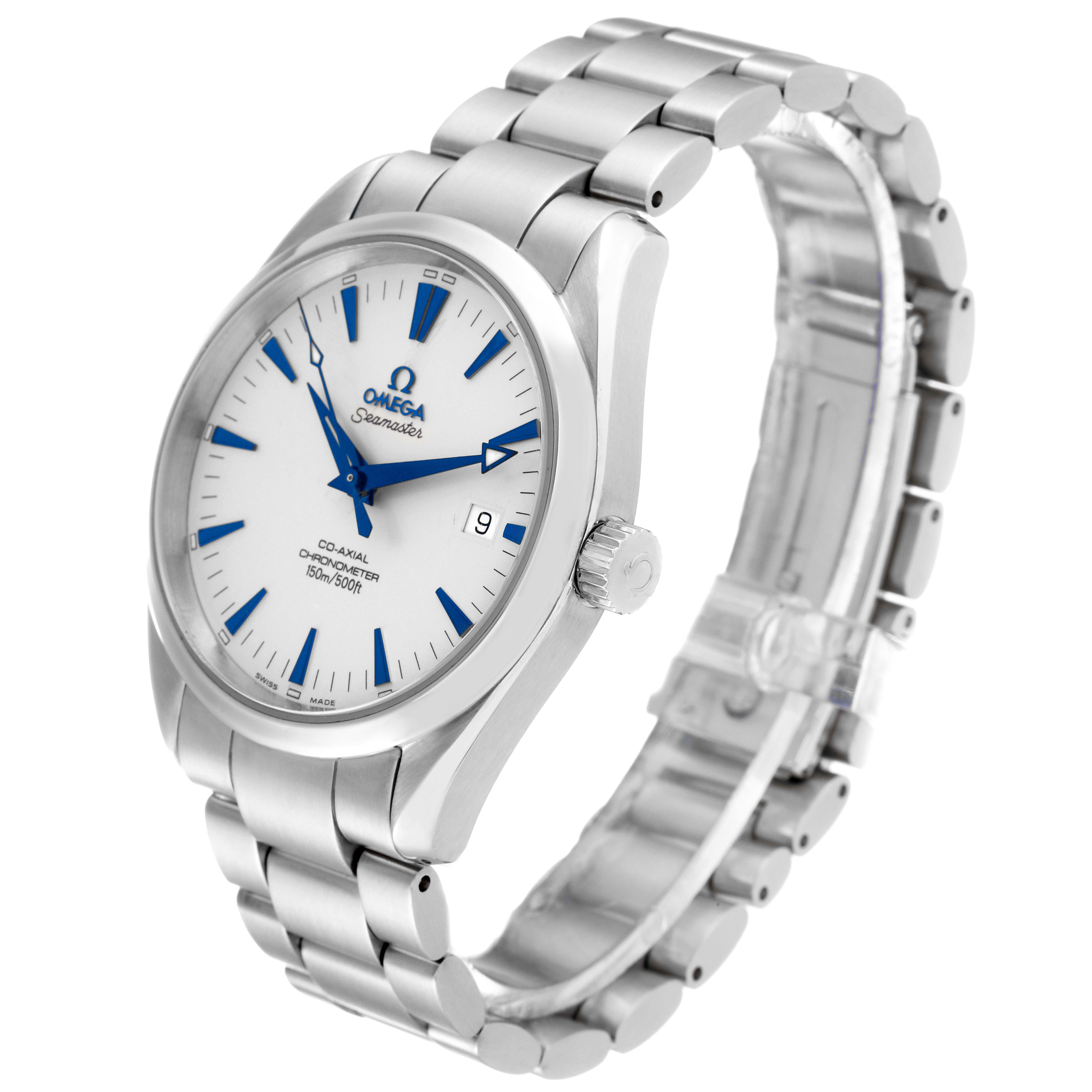 The Omega Aqua Terra 2503.33.00 Men's Stainless Steel Silver Dial 2503.33.00 Men's Stainless Steel Silver Dial watch is shown at a slight angle, highlighting its face, bezel, crown, and stainless steel bracelet.