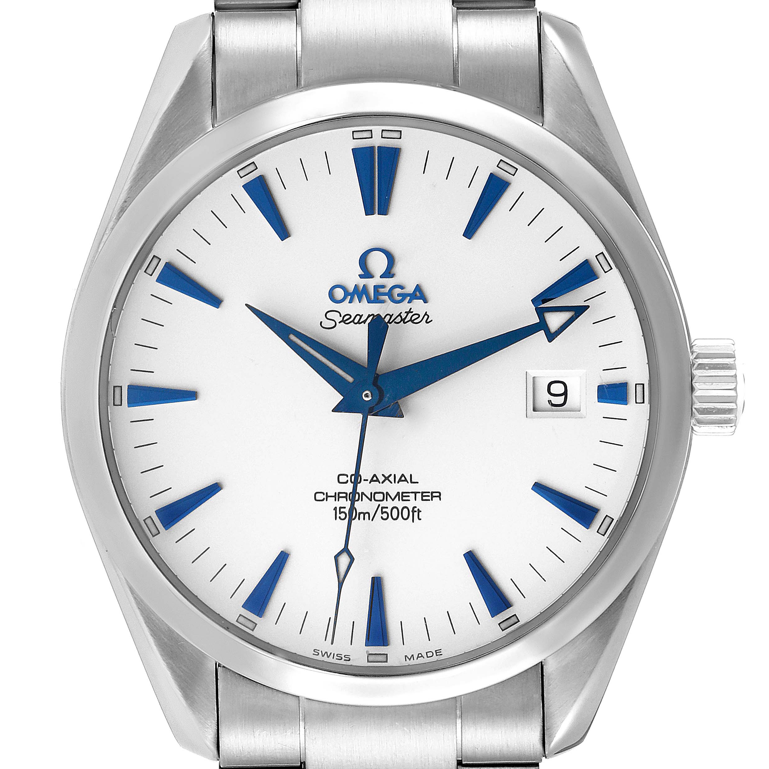 The image shows a front view of the Omega Aqua Terra 2503.33.00 Men's Stainless Steel Silver Dial 2503.33.00 Men's Stainless Steel Silver Dial watch, highlighting the dial, hands, and bracelet.