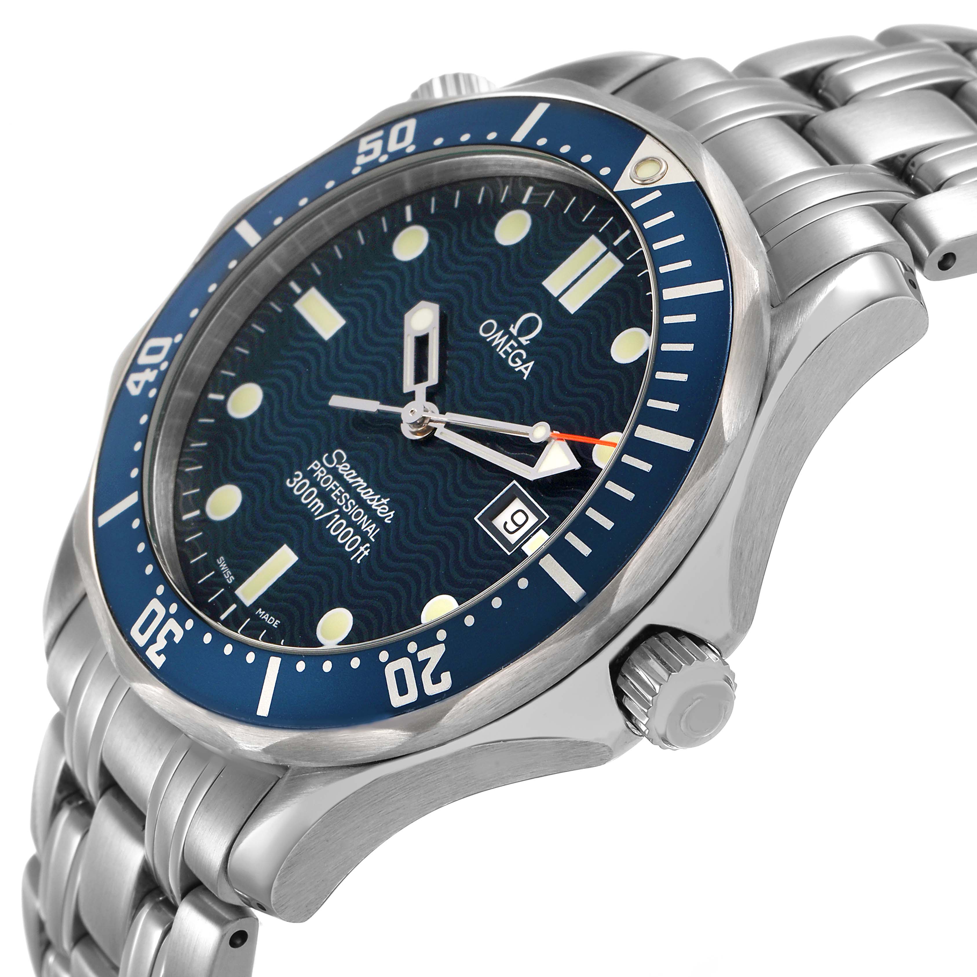 The Omega Seamaster 2541.80.00 Men's Stainless Steel Blue Dial watch is shown at a three-quarter view, highlighting the dial, bezel, crown, and bracelet links.