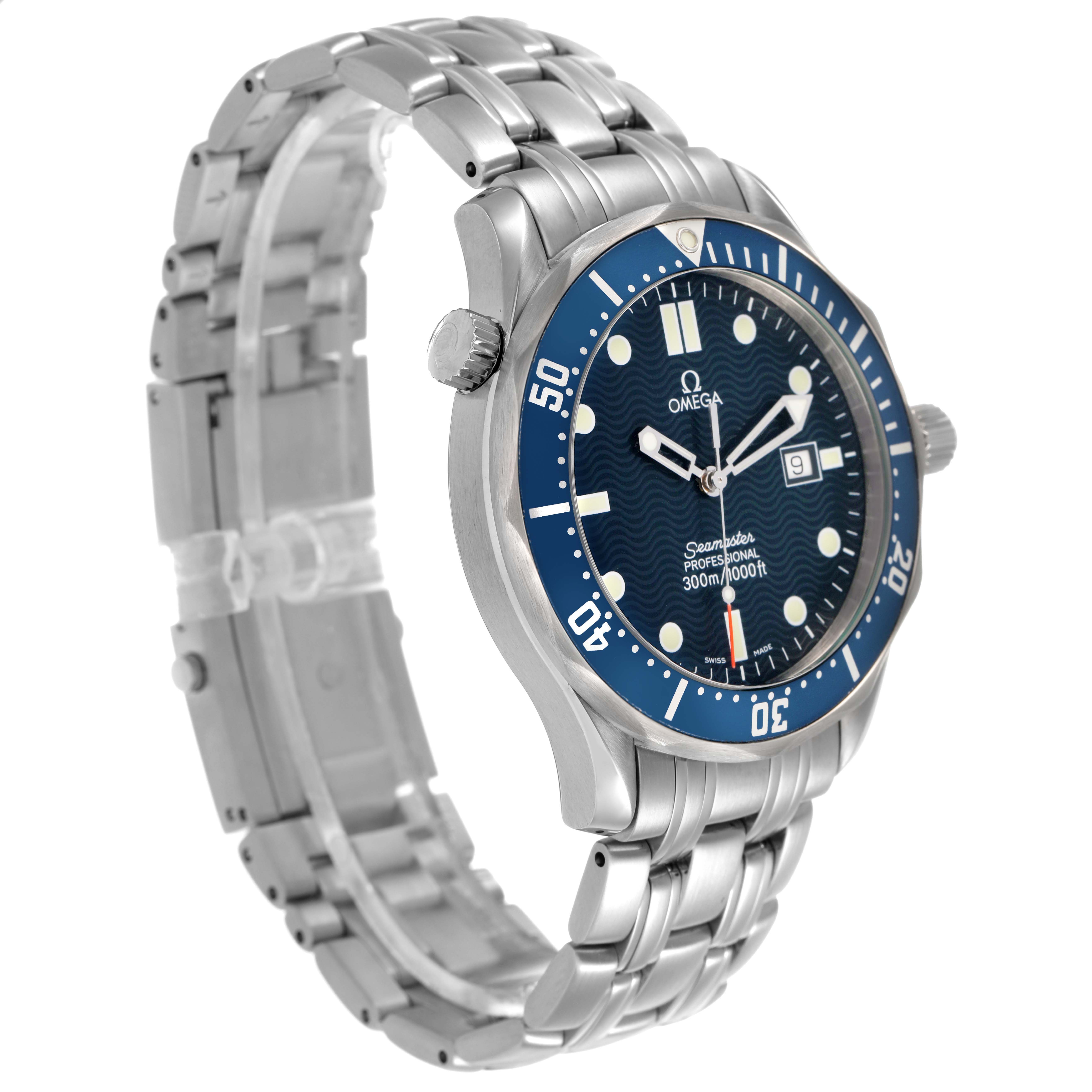 The Omega Seamaster 2541.80.00 Men's Stainless Steel Blue Dial watch is shown at a three-quarter angle, displaying the face, bezel, crown, and part of the bracelet.