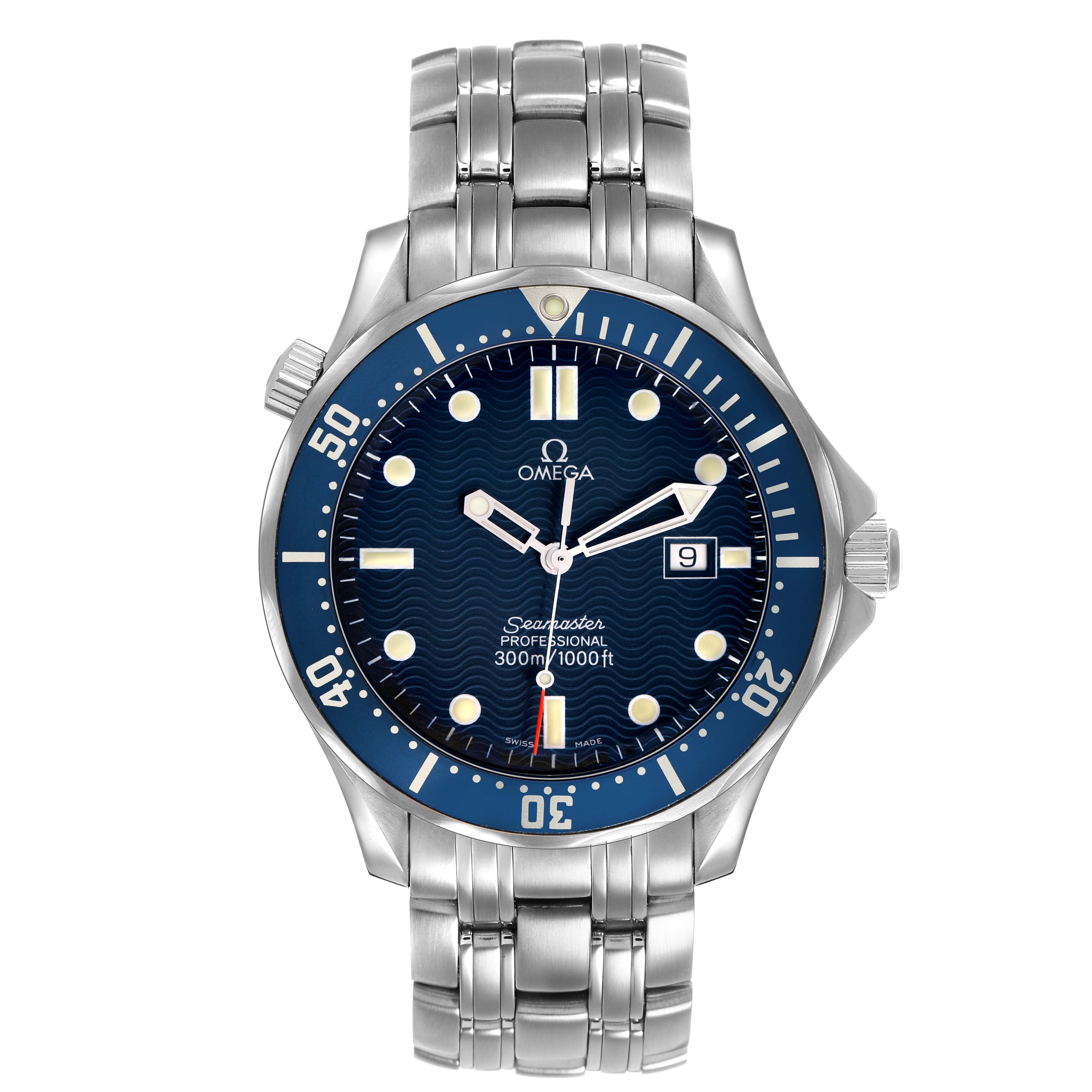 The Omega Seamaster 2541.80.00 Men's Stainless Steel Blue Dial watch is shown from the front, displaying its blue dial, bezel, and stainless steel bracelet.