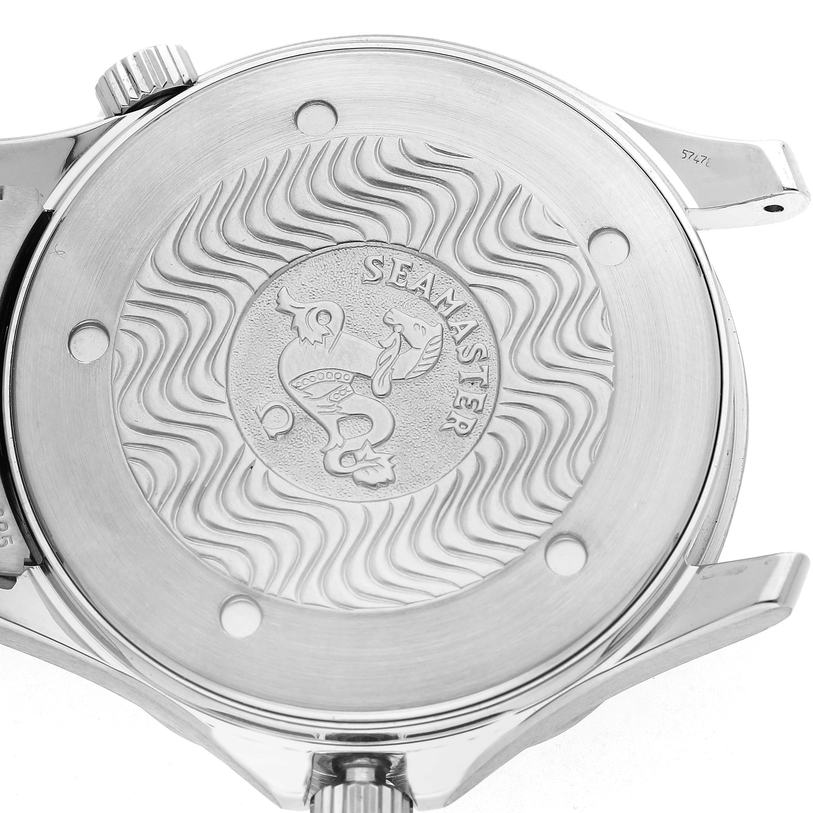 The image shows the case back of the Omega Seamaster 2541.80.00 Men's Stainless Steel Blue Dial watch, featuring its engraved design and brand logo.
