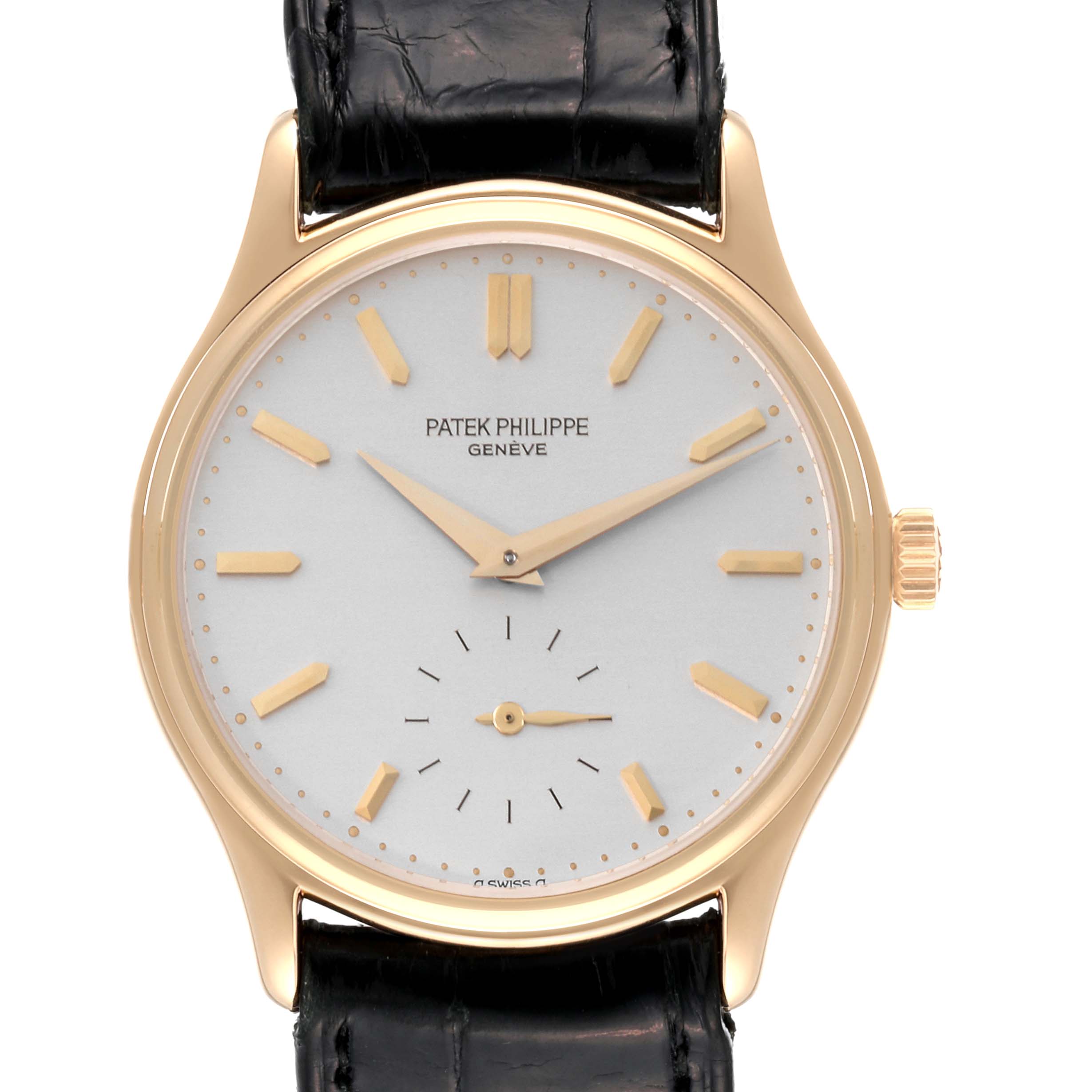 The image shows a front view of the Patek Philippe Calatrava 3923J Men's Yellow Gold Silver Dial 3923J Men's Yellow Gold Silver Dial watch, including its dial, hour markers, hands, crown, and leather strap.