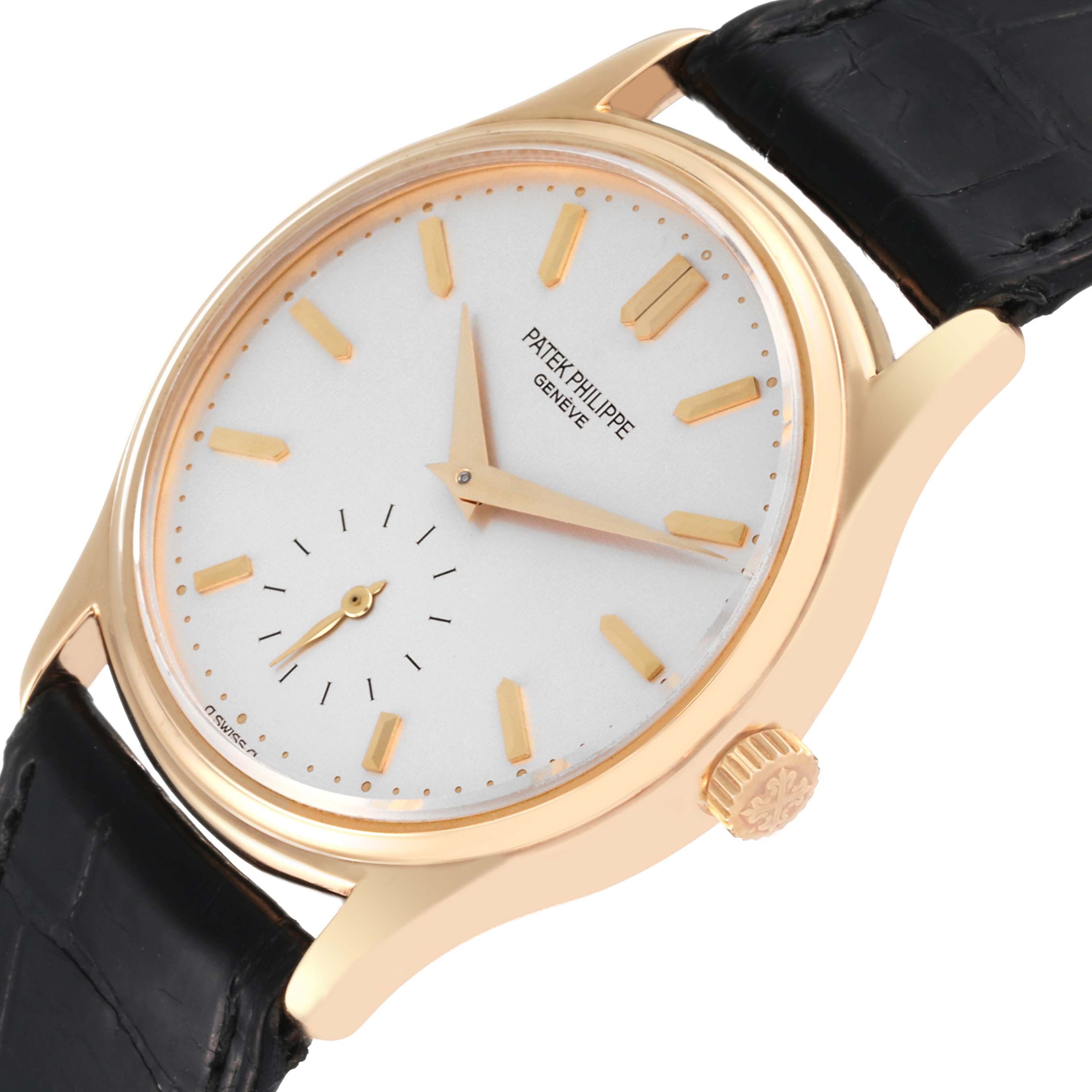 This image shows a close-up angle of the Patek Philippe Calatrava 3923J Men's Yellow Gold Silver Dial 3923J Men's Yellow Gold Silver Dial watch, highlighting its face, crown, and part of the strap.