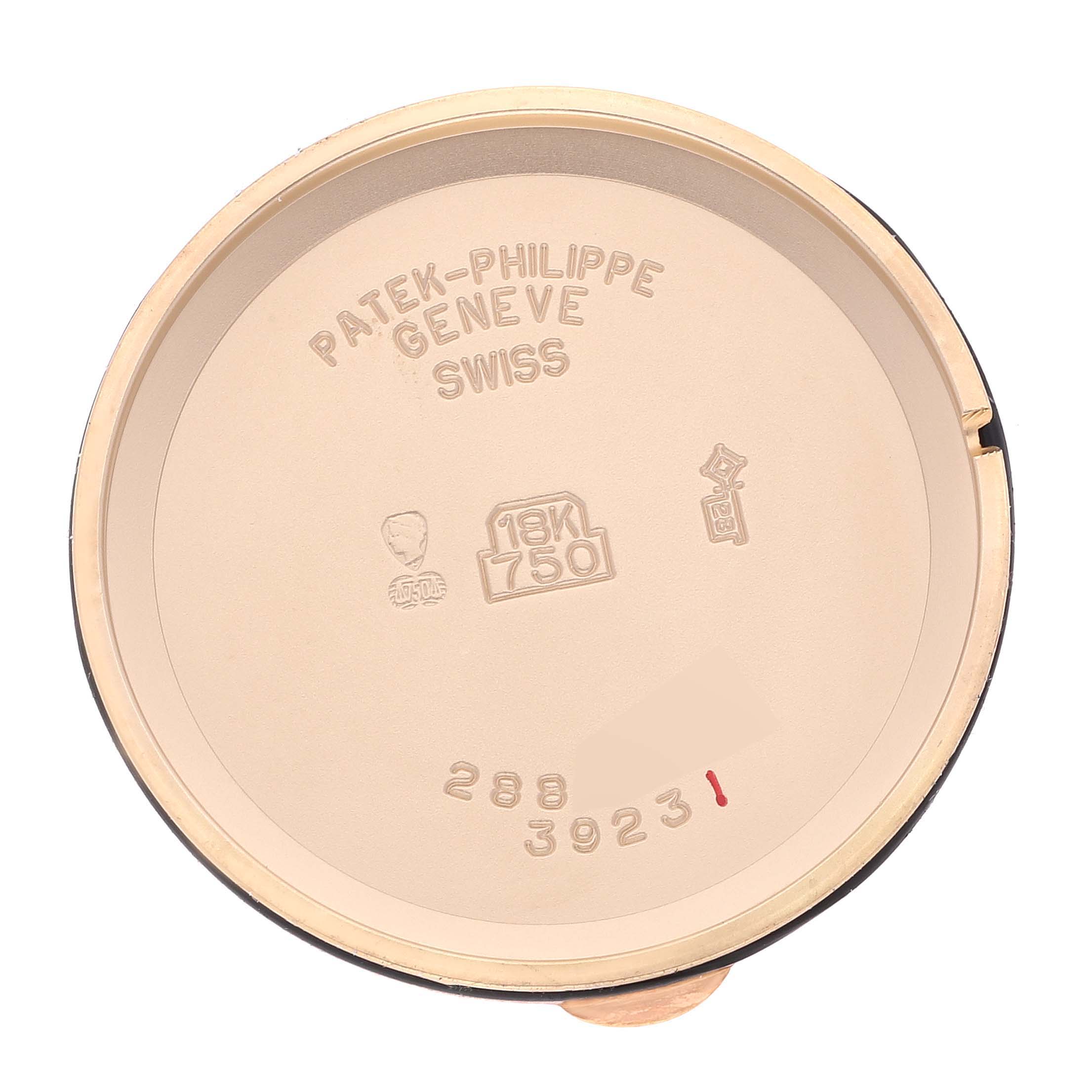 The image shows the inside case back of a Patek Philippe Calatrava 3923J Men's Yellow Gold Silver Dial 3923J Men's Yellow Gold Silver Dial model watch with markings and engravings visible.