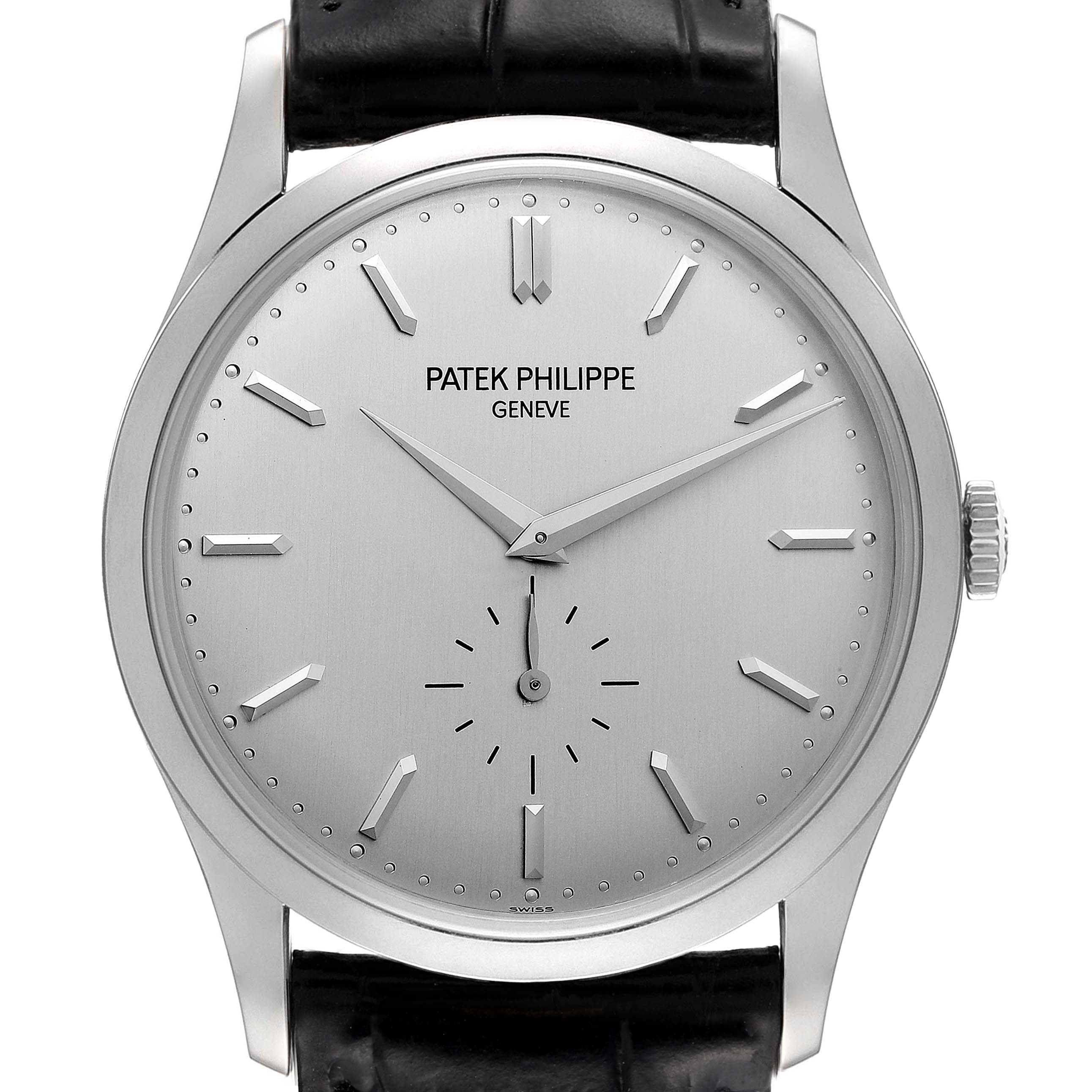 The image shows a front view of the Patek Philippe Calatrava 5196G Men's White Gold Silver Dial 5196G Men's White Gold Silver Dial watch, highlighting its dial, hands, case, and strap.