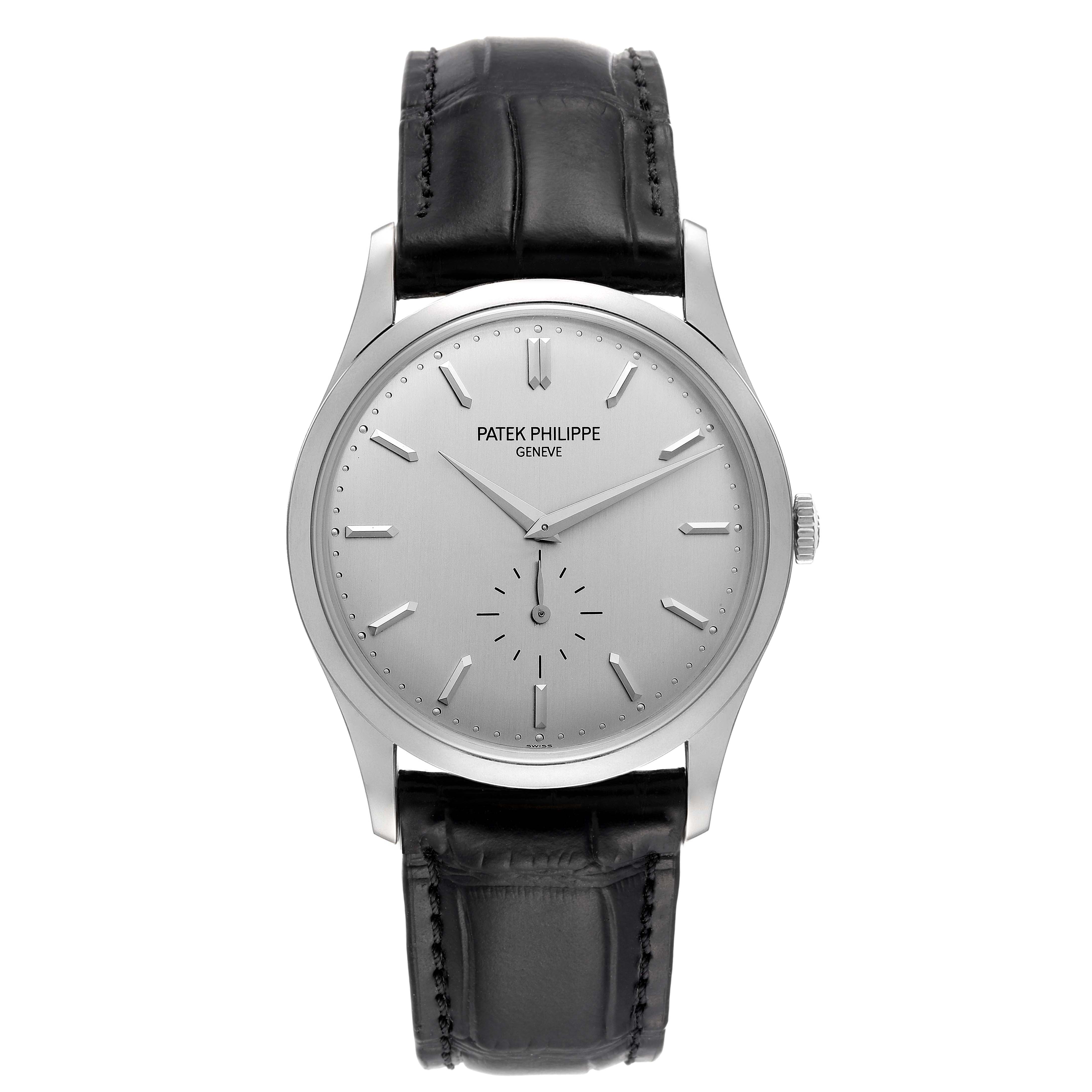 This image shows a front view of a Patek Philippe Calatrava 5196G Men's White Gold Silver Dial 5196G Men's White Gold Silver Dial watch with a black leather strap and silver dial.