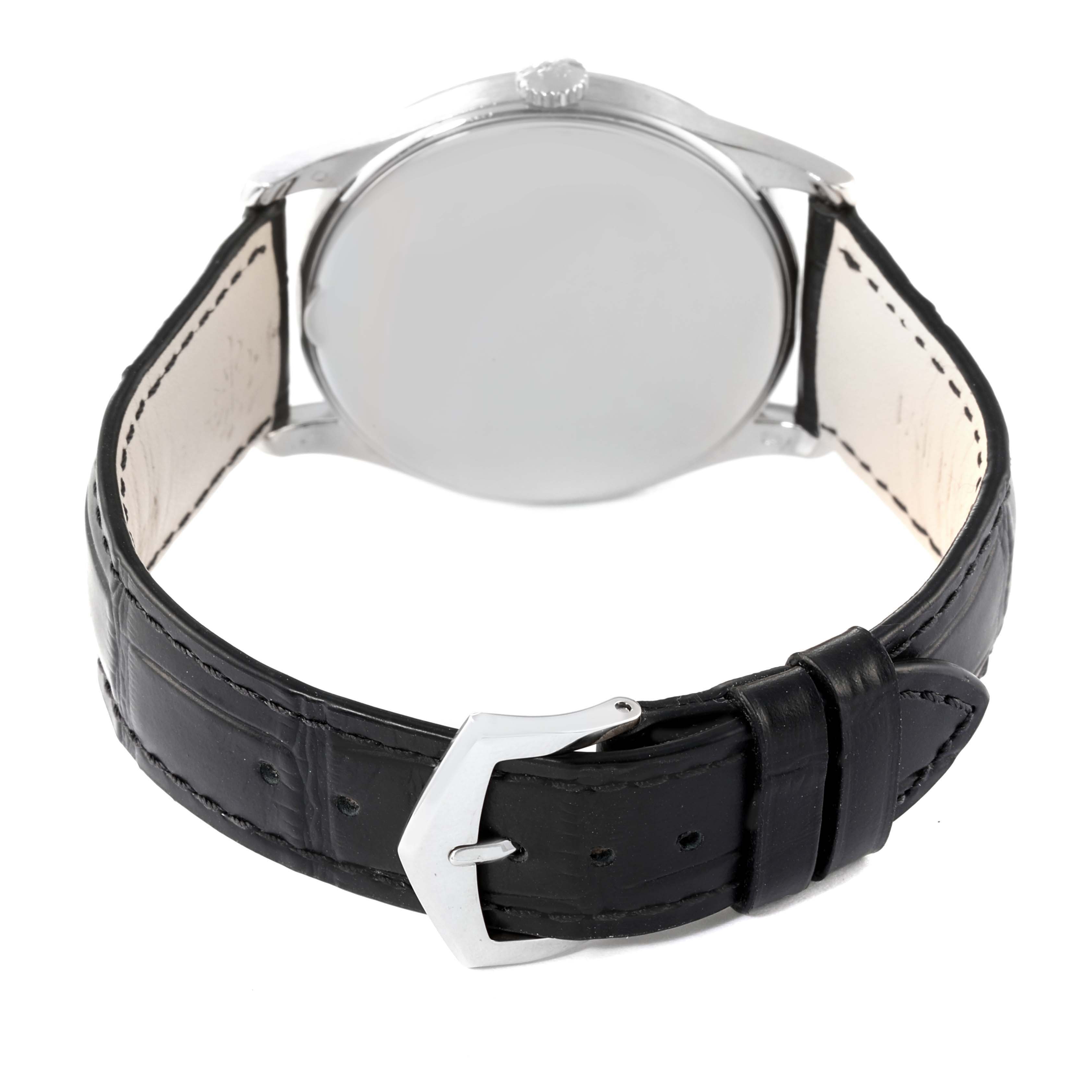 The image shows the back view of a Patek Philippe Calatrava 5196G Men's White Gold Silver Dial 5196G Men's White Gold Silver Dial watch with a closed case back and black leather strap.