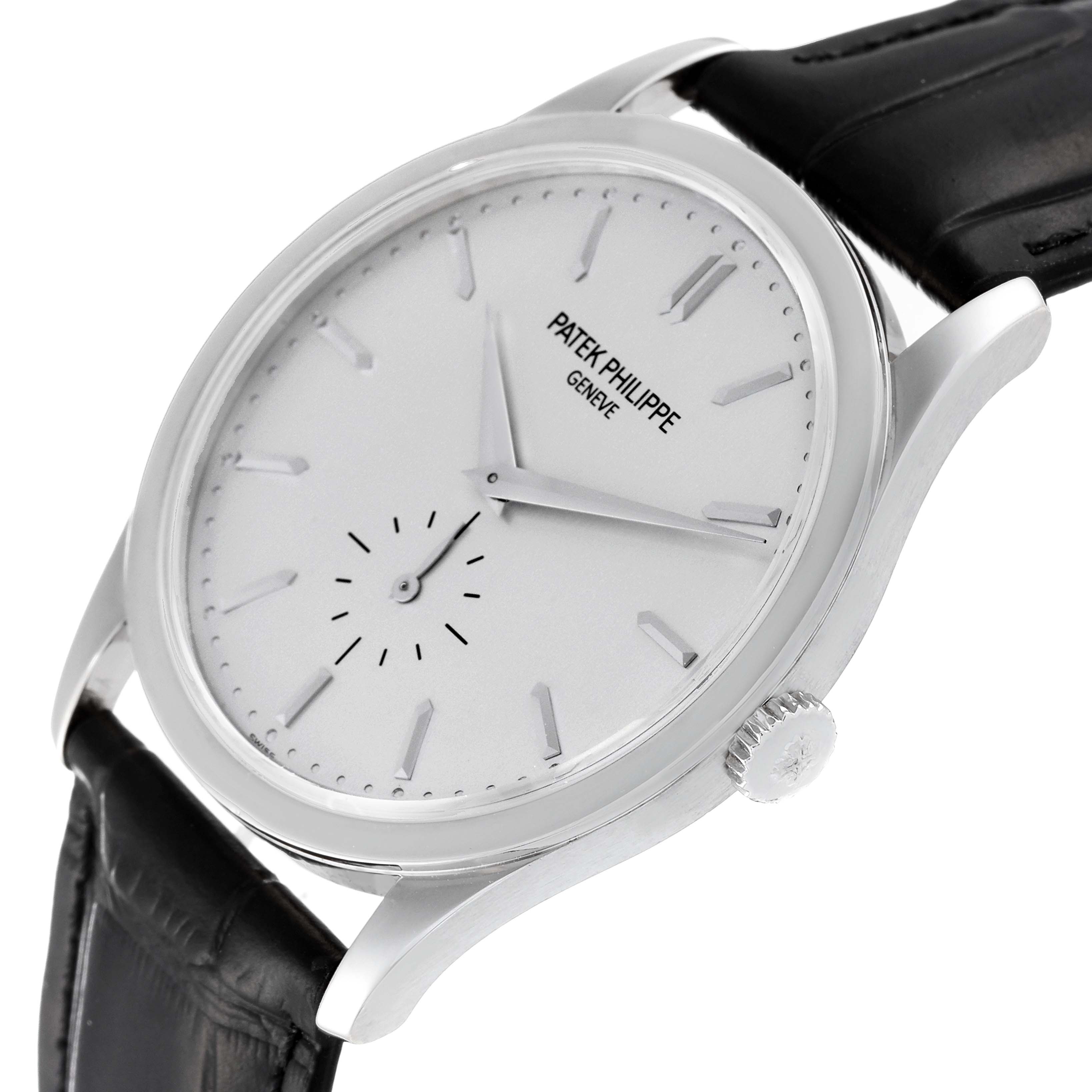 The image shows a side angle of a Patek Philippe Calatrava 5196G Men's White Gold Silver Dial 5196G Men's White Gold Silver Dial watch, featuring its dial, crown, and black leather strap.