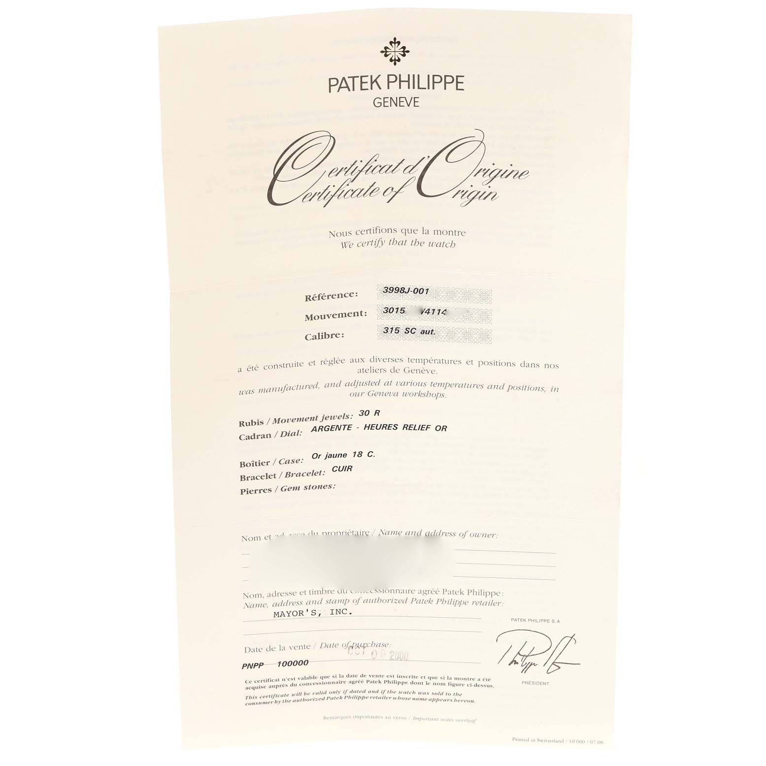 The image shows the Certificate of Origin for a Patek Philippe Calatrava 3998J Men's Yellow Gold Silver Dial 3998J Men's Yellow Gold Silver Dial watch model.