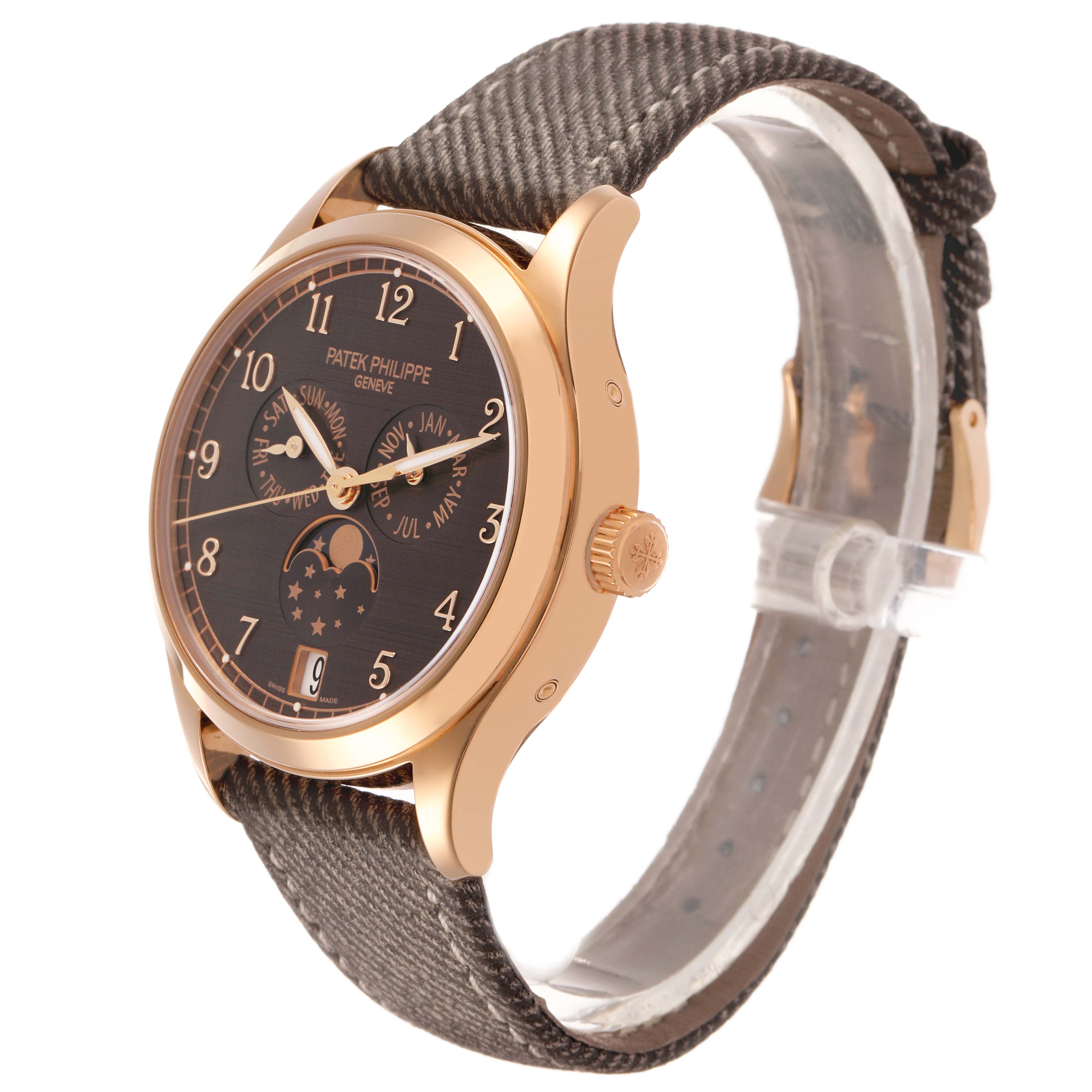 The Patek Philippe Complications 4946R-001 Men's Rose Gold Brown Dial watch is shown at a three-quarter angle, highlighting the dial, case, crown, and strap.