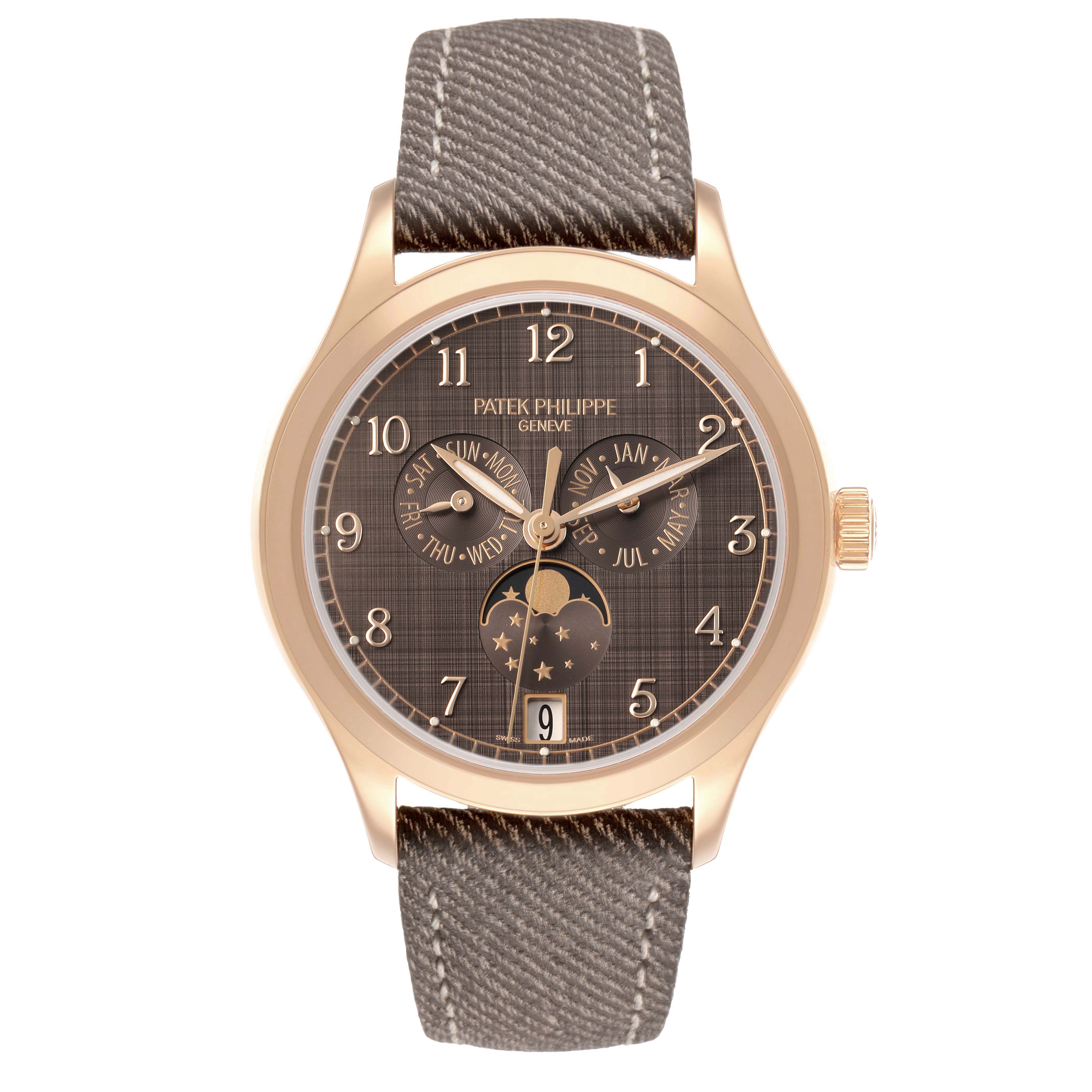 The Patek Philippe Complications 4946R-001 Men's Rose Gold Brown Dial watch is shown from the front, displaying its dial, hands, calendar functions, and moon phase.