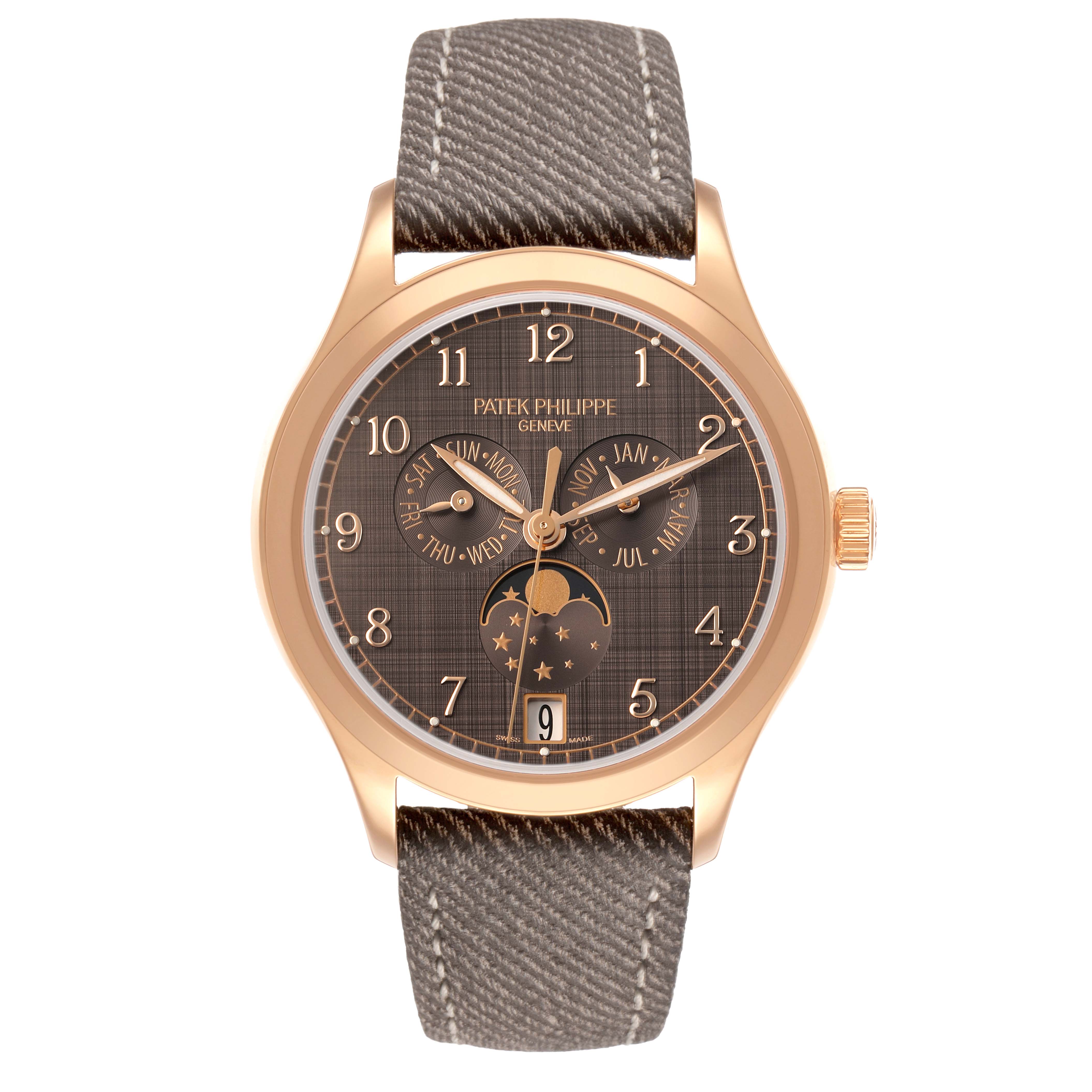 The Patek Philippe Complications 4946R-001 Men's Rose Gold Brown Dial watch is shown from the front, highlighting its dial, bezel, and strap.