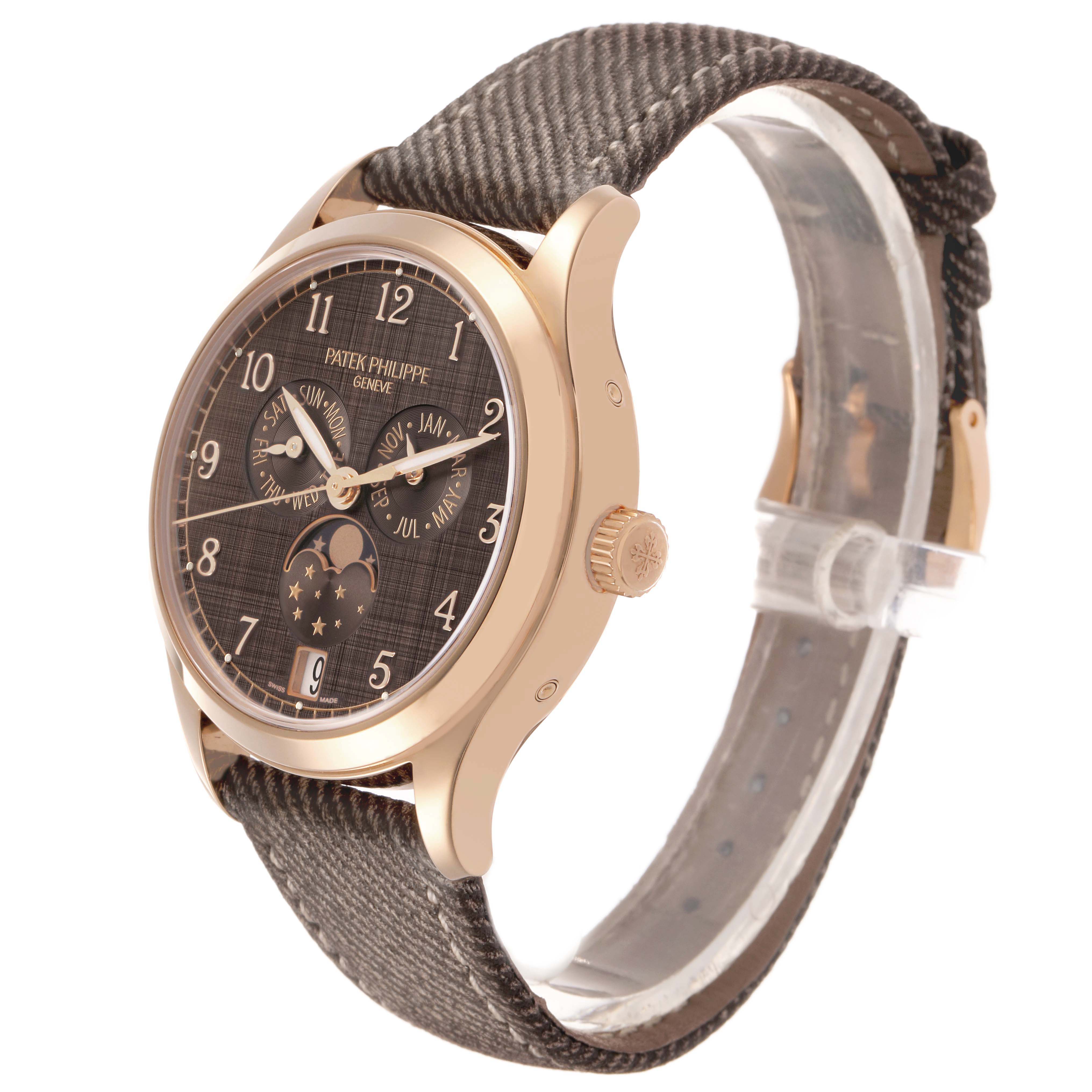 The Patek Philippe Complications 4946R-001 Men's Rose Gold Brown Dial watch is shown at a slight angle, displaying the face, strap, and side crown.