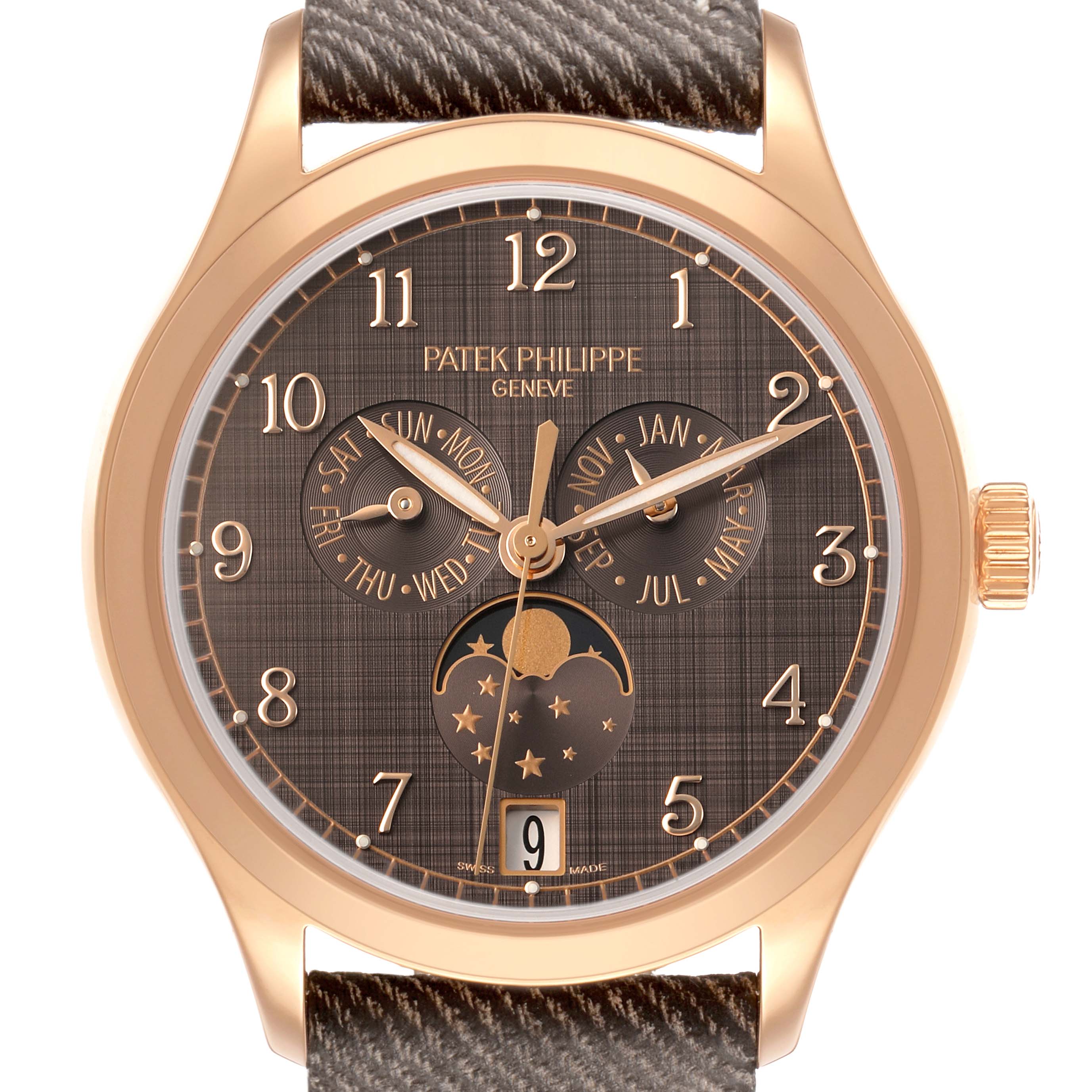 The Patek Philippe Complications 4946R-001 Men's Rose Gold Brown Dial watch is shown from a front angle highlighting the dial, with subdials for days, months, and a moon phase.