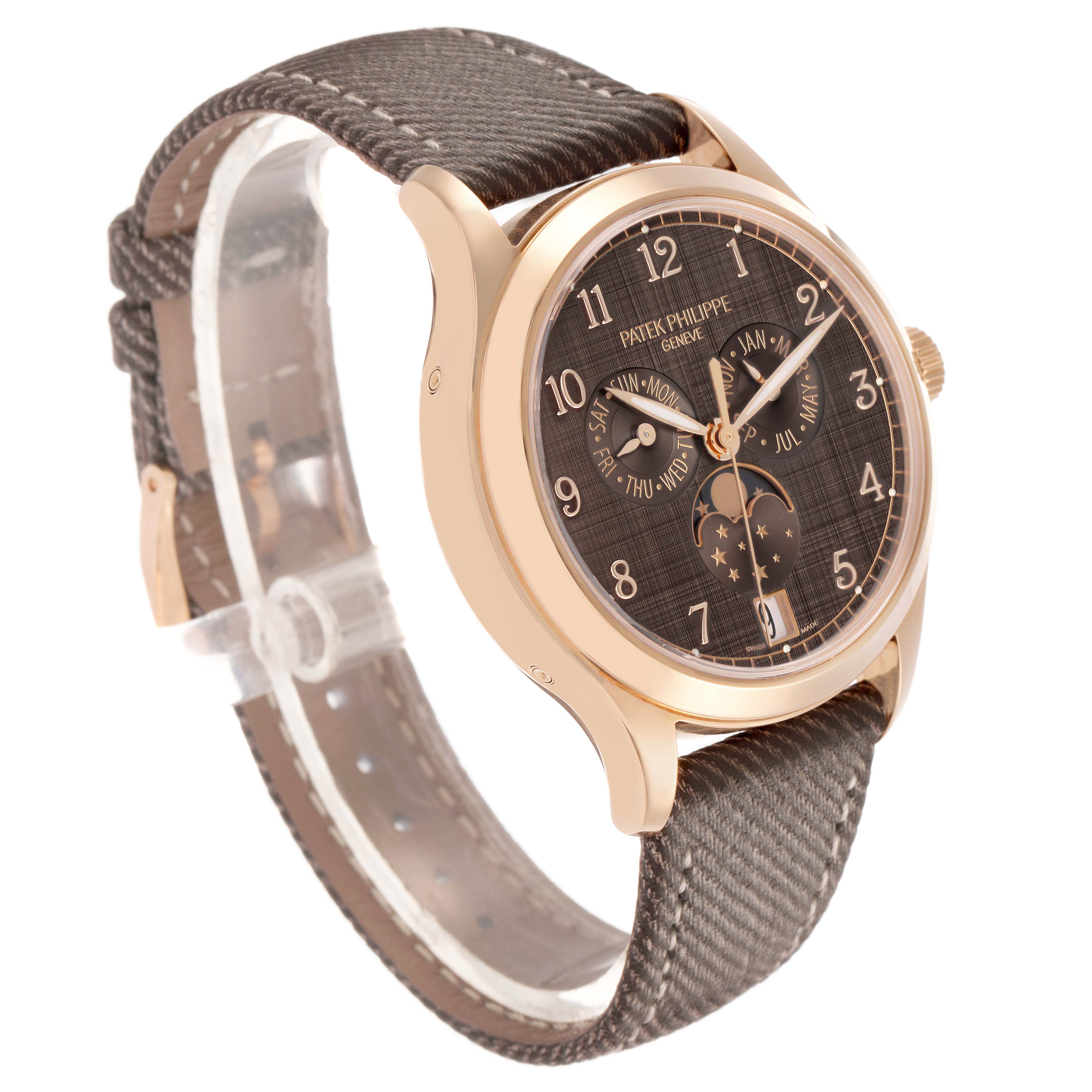 The Patek Philippe Complications 4946R-001 Men's Rose Gold Brown Dial watch is shown at a three-quarter angle, highlighting the dial, case, and strap.