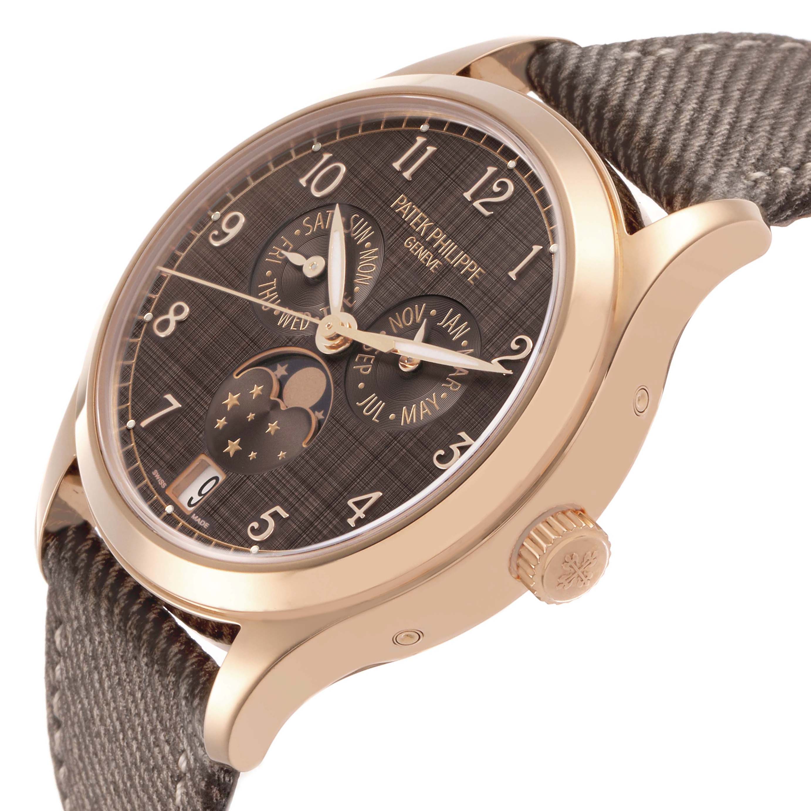 The Patek Philippe Complications 4946R-001 Men's Rose Gold Brown Dial watch is shown at a three-quarter angle, displaying the dial, case, crown, and part of the strap.