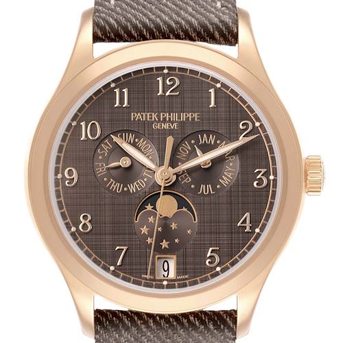 The Patek Philippe Complications 4946R-001 Men's Rose Gold Brown Dial watch is shown from the front, highlighting the dial, hands, and subdials, with a textured strap.