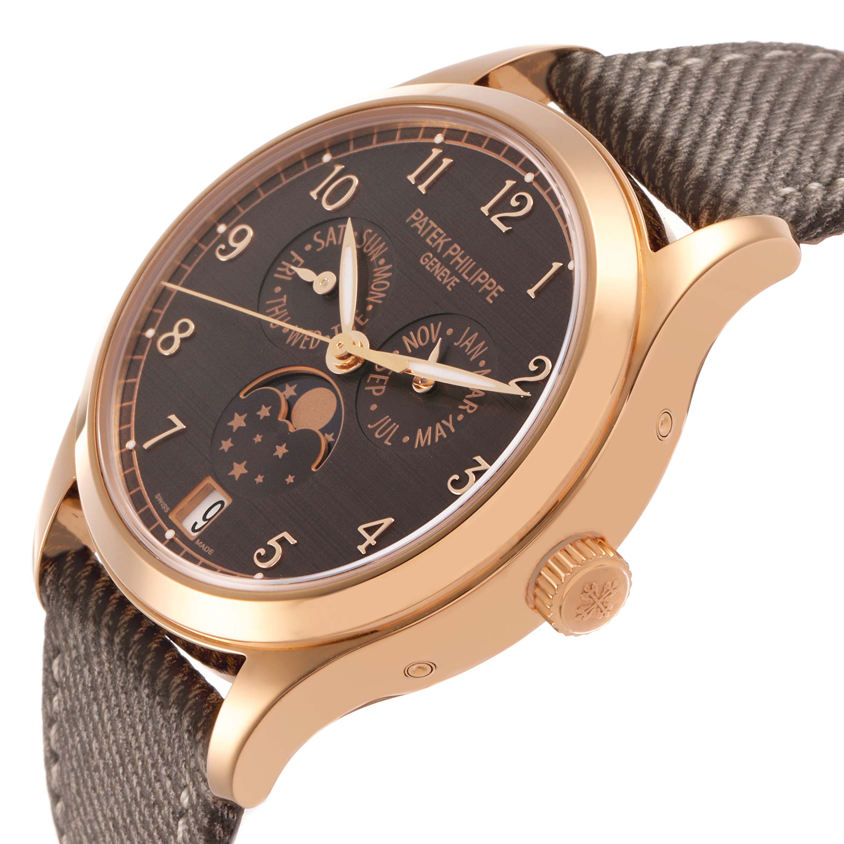 The Patek Philippe Complications 4946R-001 Men's Rose Gold Brown Dial watch is shown from an angled side view, highlighting the dial, case, crown, and strap.