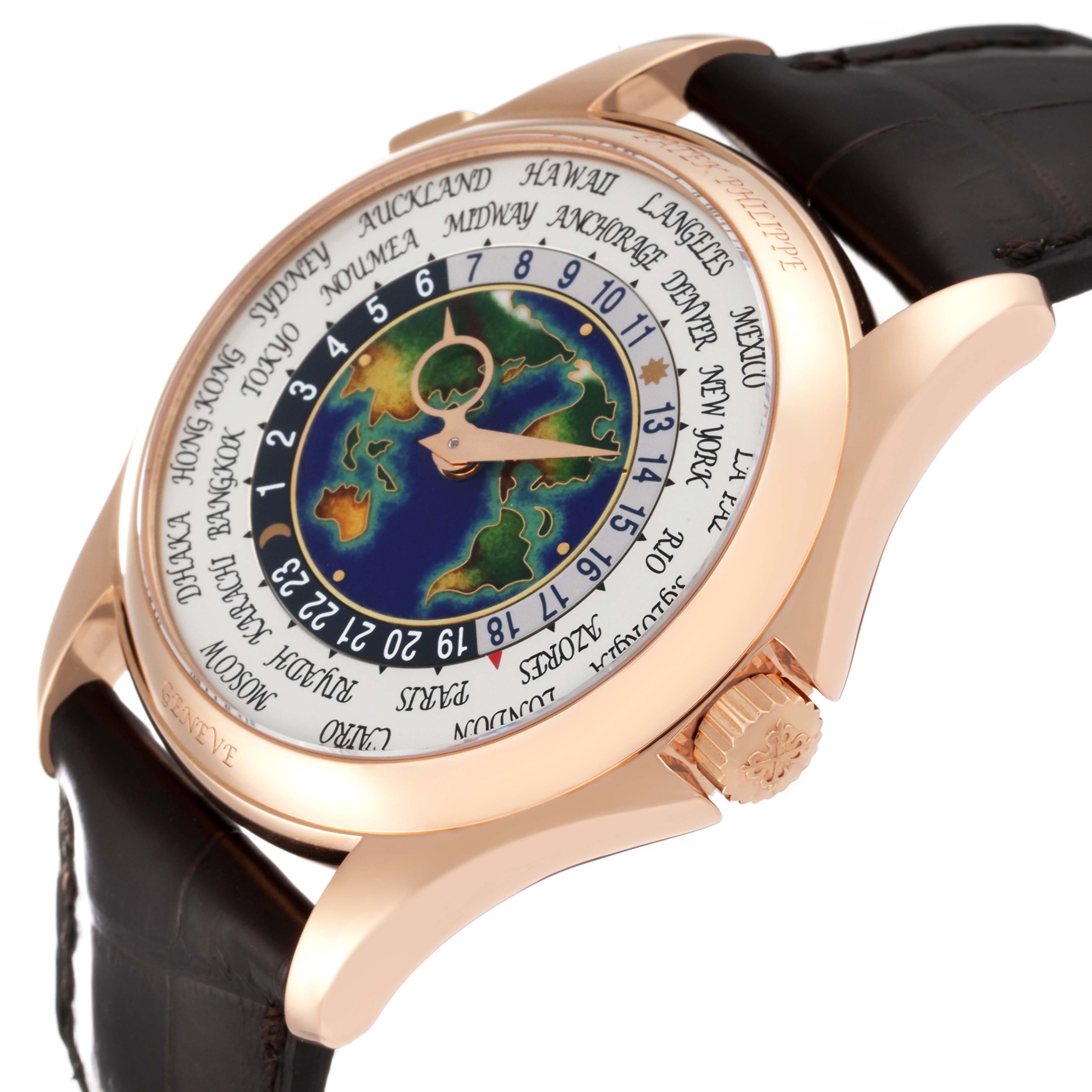 The image shows a side angle of a Patek Philippe Complications 5131R Men's Rose Gold Silver Dial 5131R Men's Rose Gold Silver Dial watch, highlighting the face, world map, and leather strap.