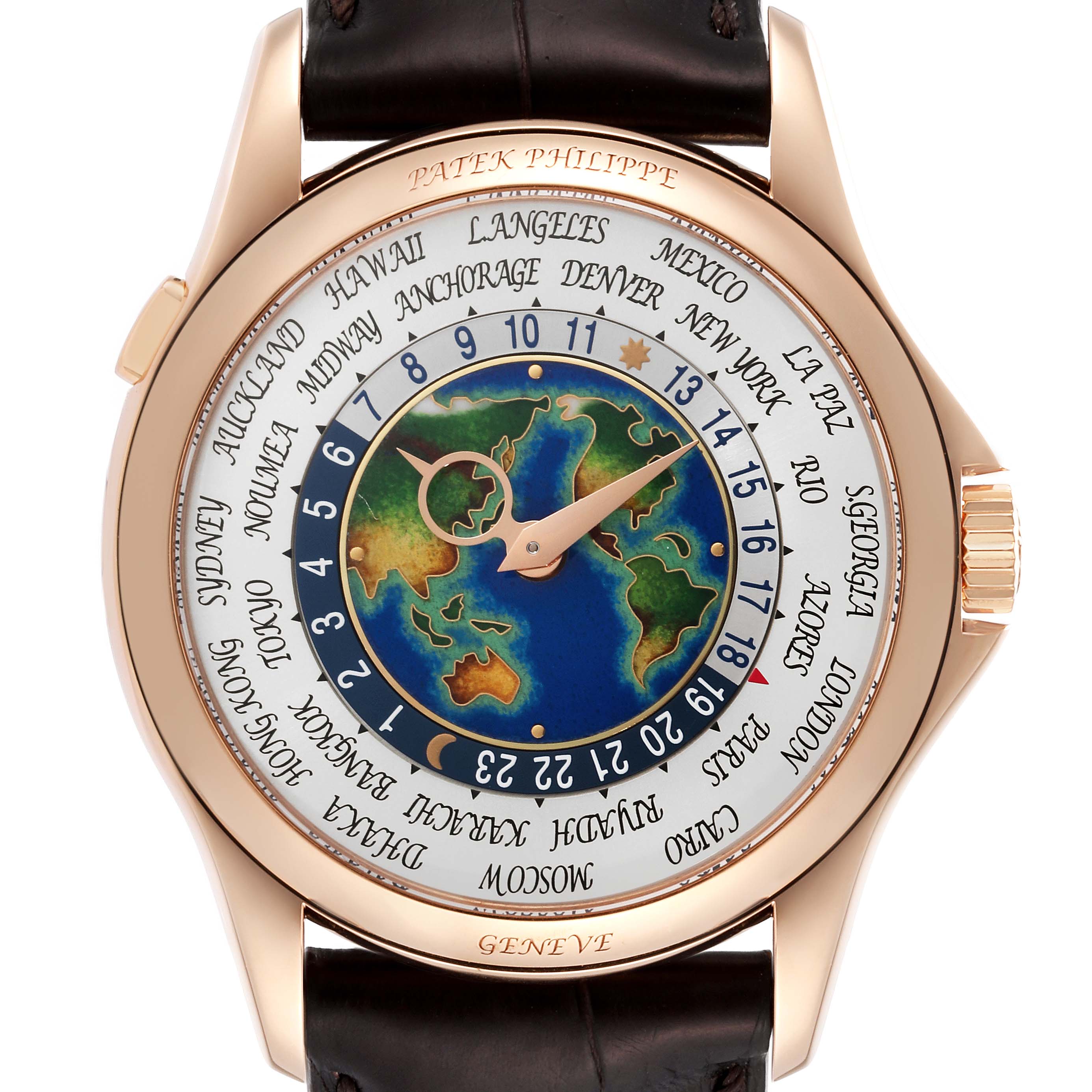 The image shows a close-up of the Patek Philippe Complications 5131R Men's Rose Gold Silver Dial 5131R Men's Rose Gold Silver Dial watch face, displaying its intricate world time dial.