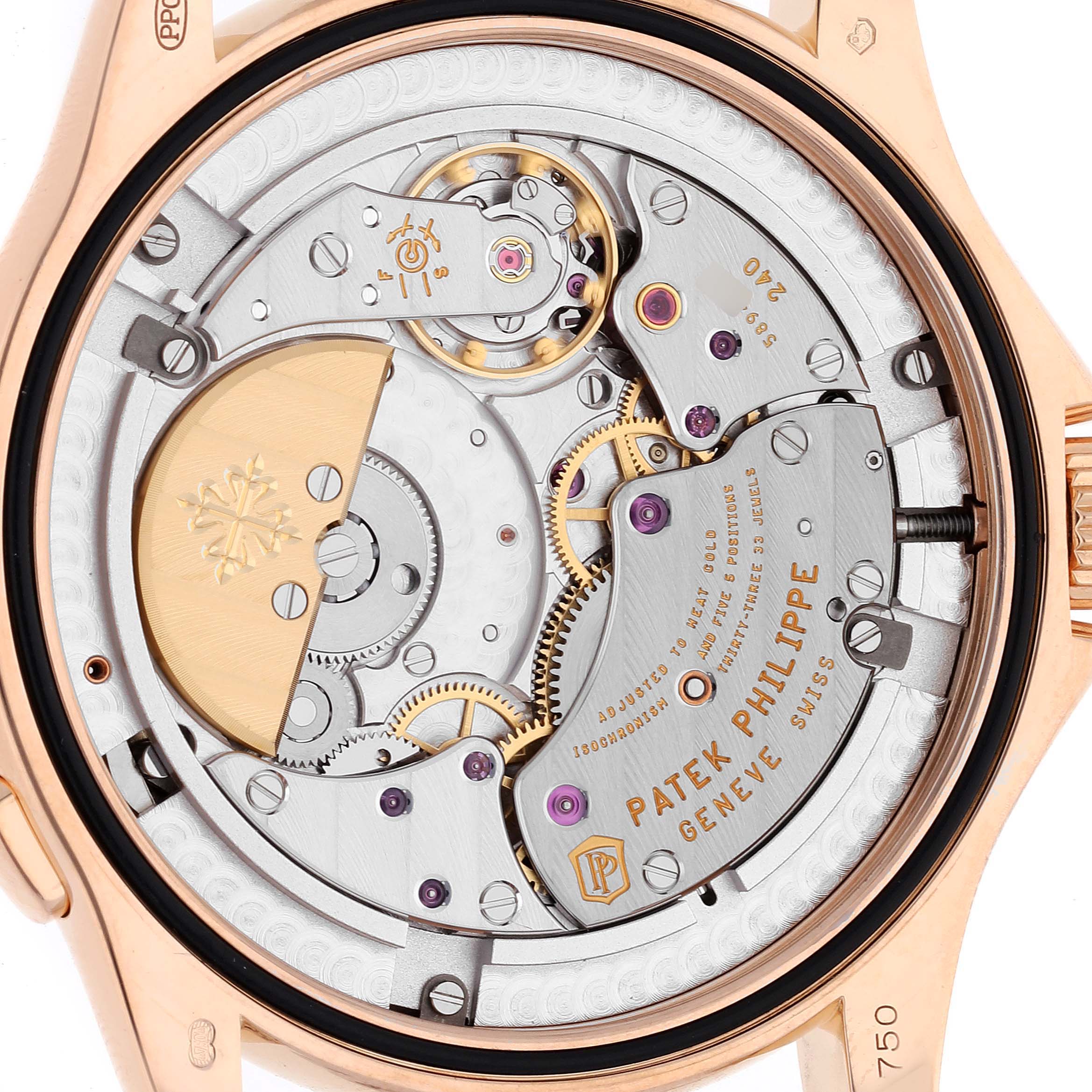 This image shows the intricate movement mechanism of the Patek Philippe Complications 5131R Men's Rose Gold Silver Dial 5131R Men's Rose Gold Silver Dial model from the back angle.