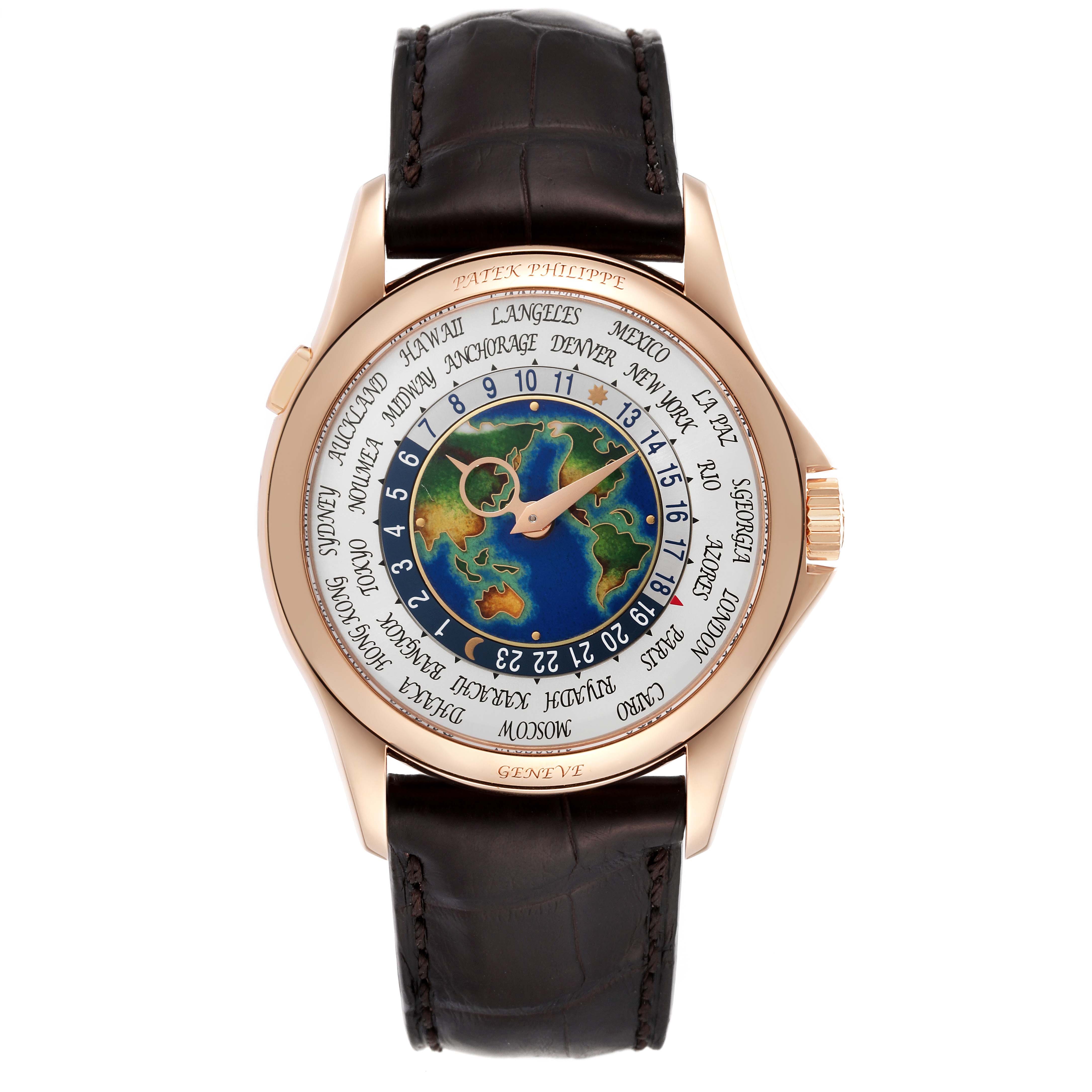 The image shows a frontal view of the Patek Philippe Complications 5131R Men's Rose Gold Silver Dial 5131R Men's Rose Gold Silver Dial model watch featuring a world time display and a leather strap.