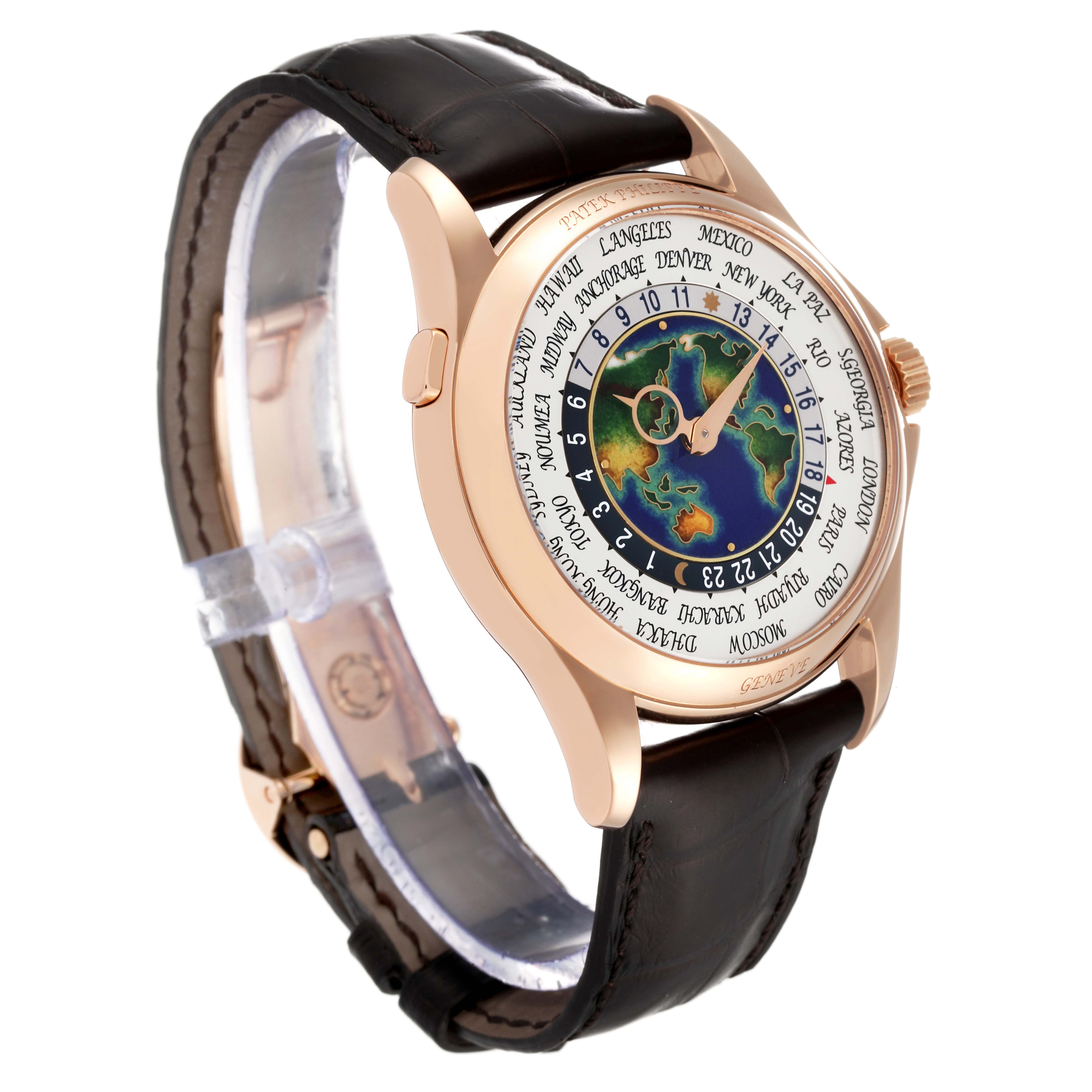 The Patek Philippe Complications 5131R Men's Rose Gold Silver Dial 5131R Men's Rose Gold Silver Dial model is shown at a three-quarter angle, highlighting its face, bezel, and strap.